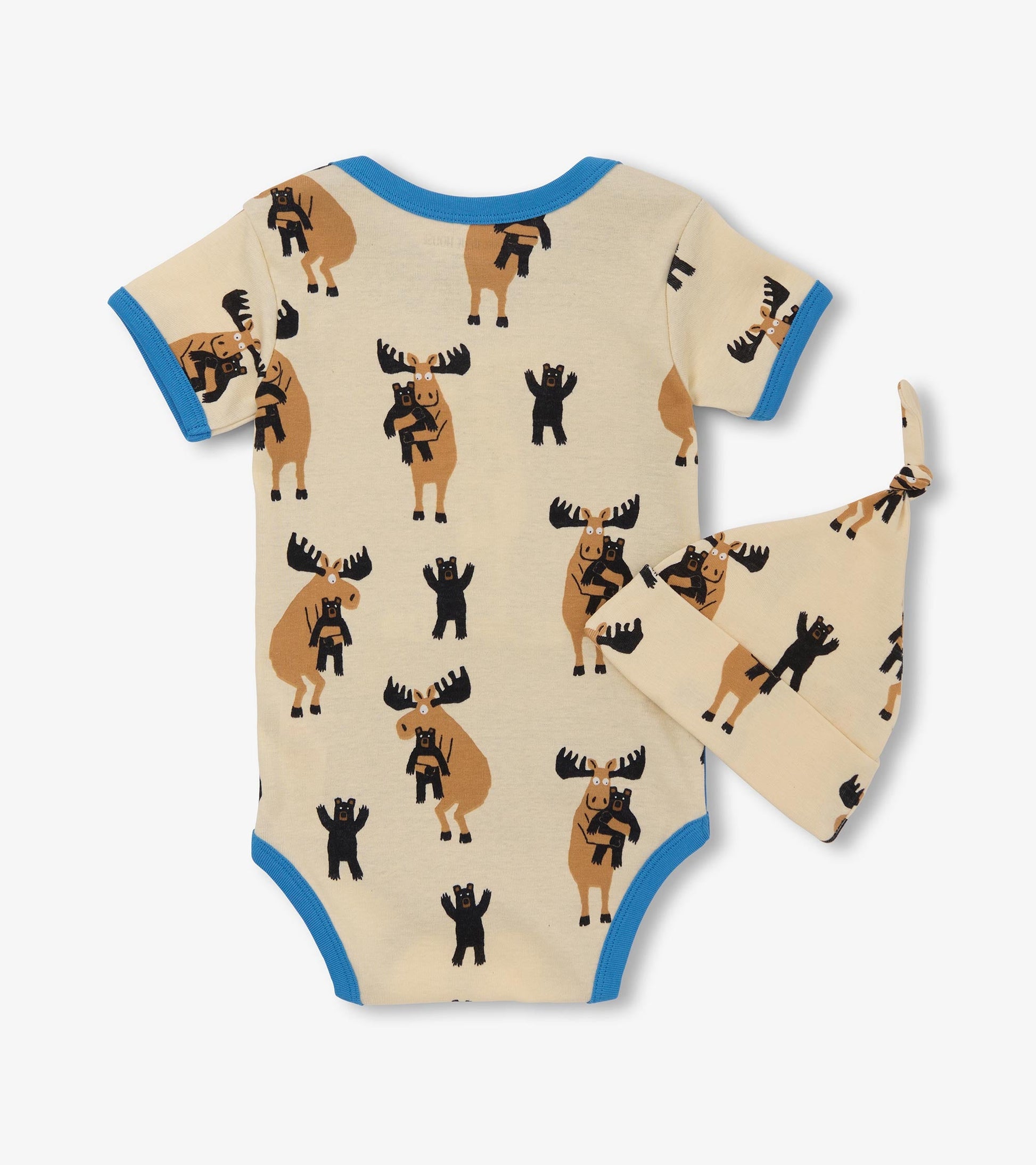 Light beige bodysuit with blue trim, featuring moose and bear patterns, paired with a matching hat.