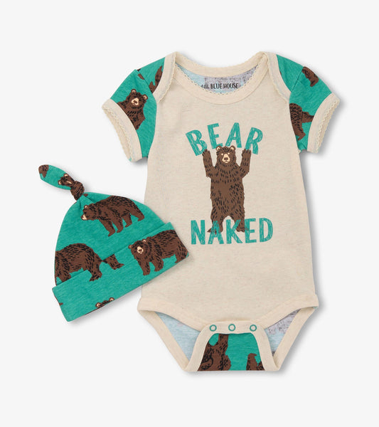 Brown bear-themed bodysuit with teal sleeves and matching hat, featuring "BEAR NAKED" text. Suitable for baby boys.