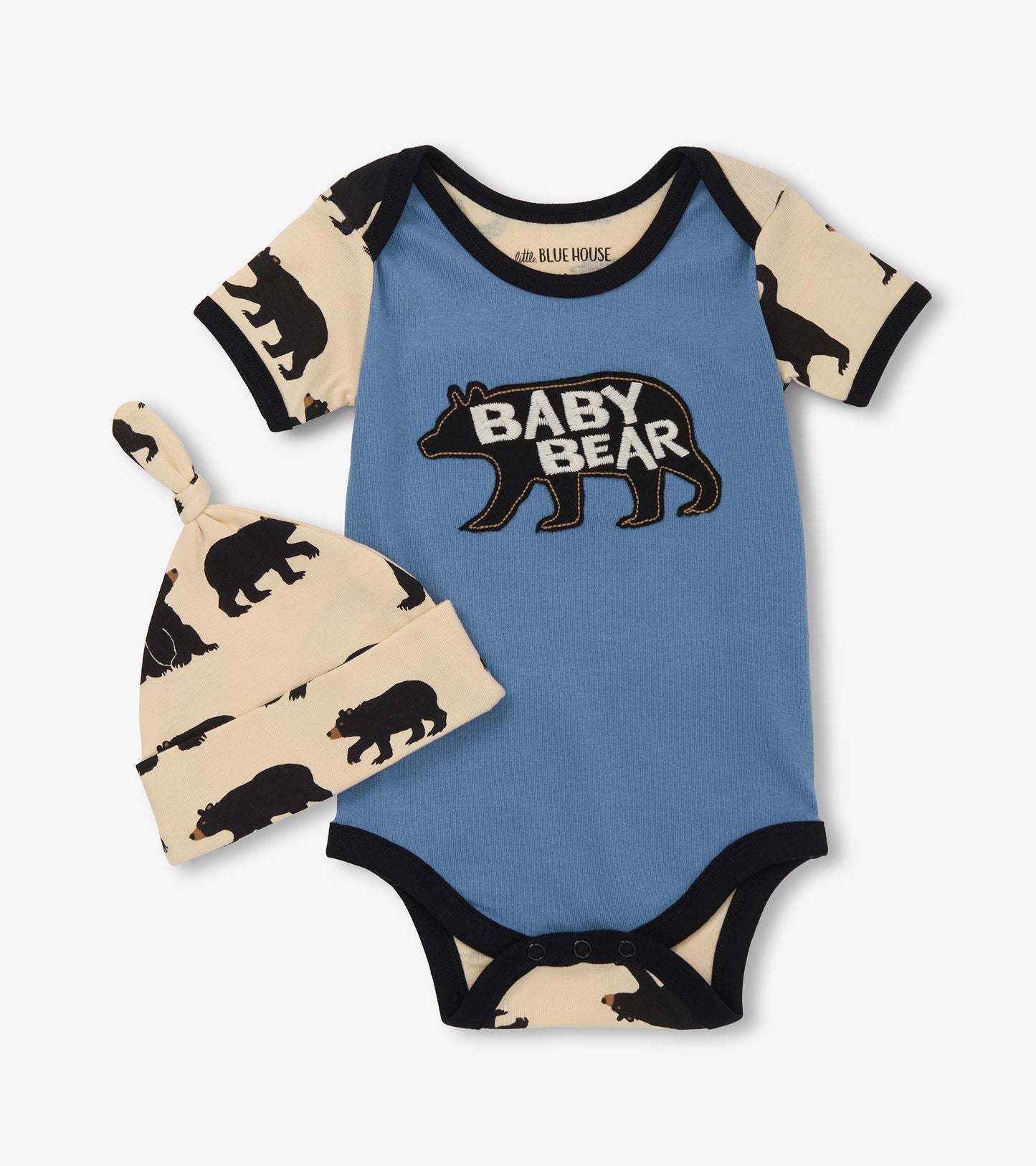 Blue bodysuit with "BABY BEAR" graphic and black bear print hat, featuring short sleeves and snap closure.