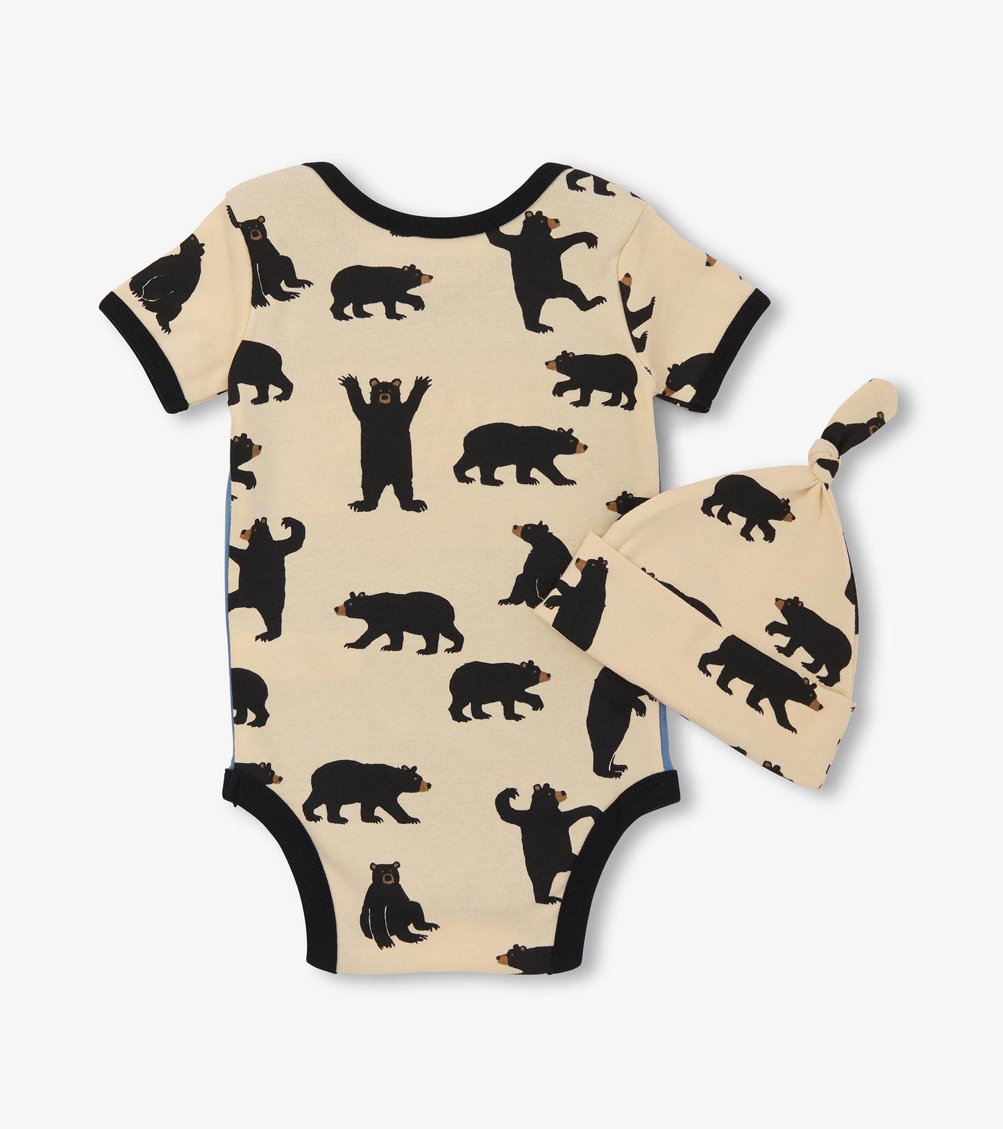 Light beige bodysuit and matching hat featuring playful black bear patterns, suitable for baby boys.