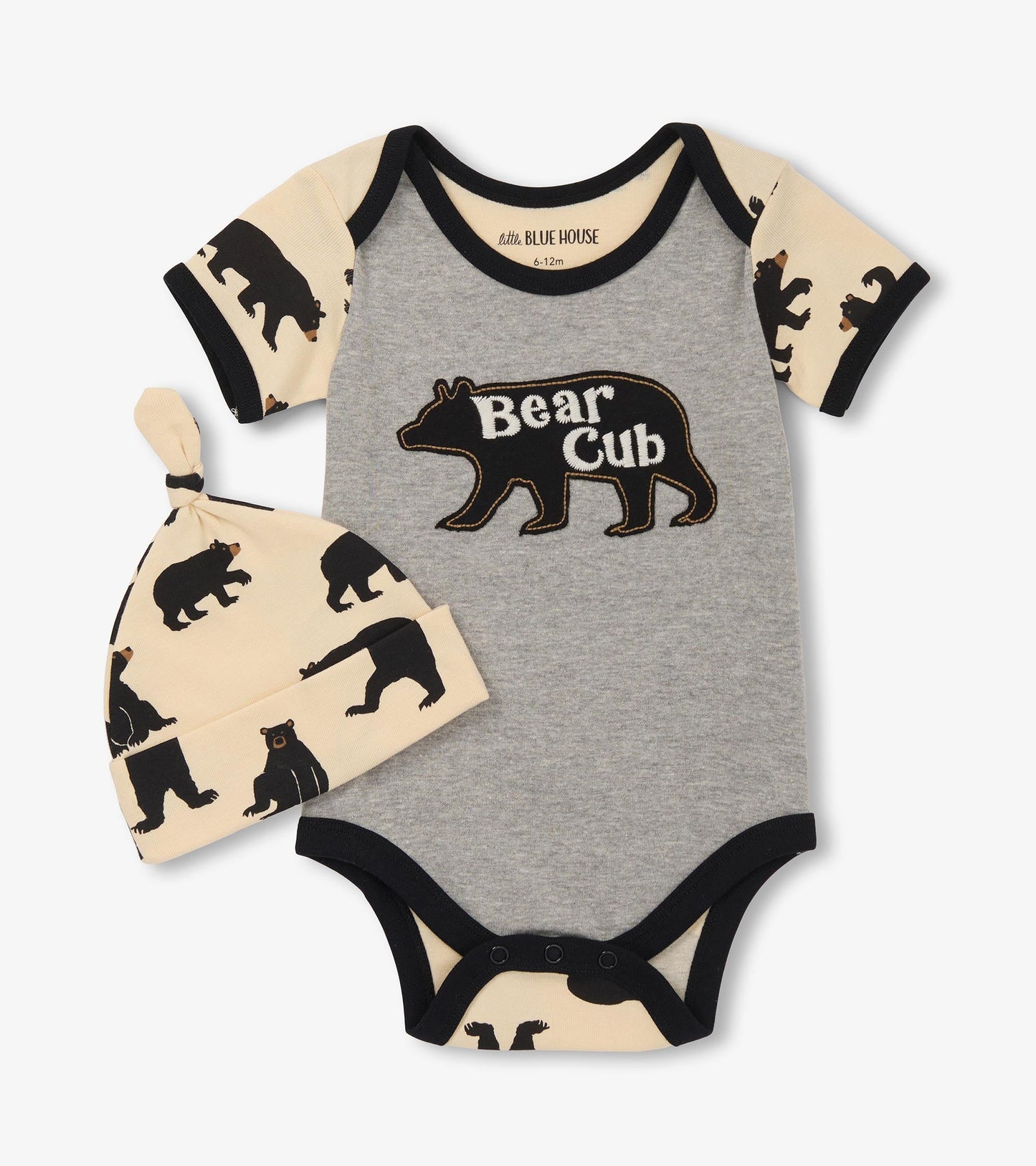 Grey bodysuit with bear graphic and black trim, paired with a matching beige hat featuring bear prints.