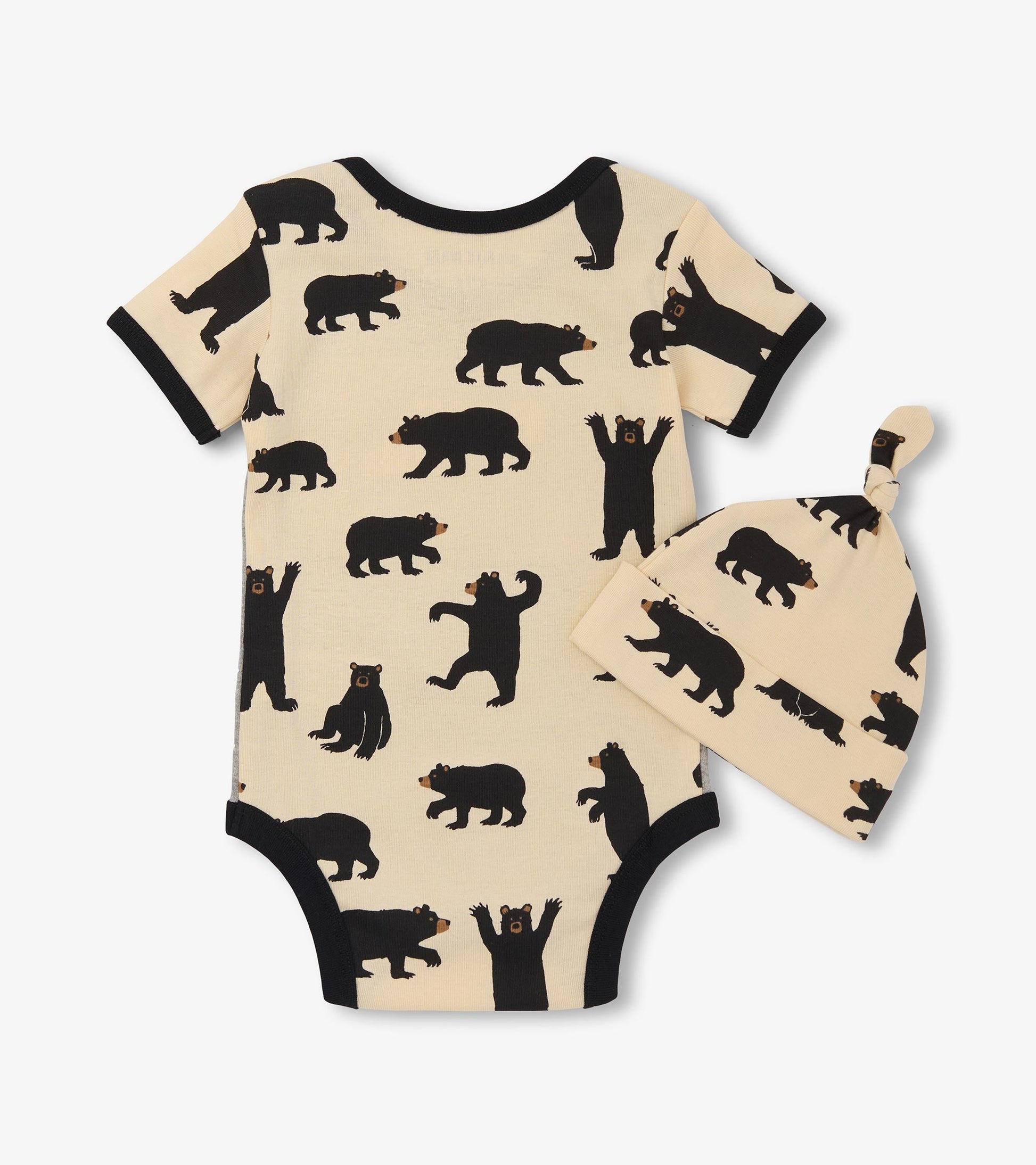 Grey bodysuit and matching hat featuring playful black bear prints, suitable for baby boys, available in multiple sizes.