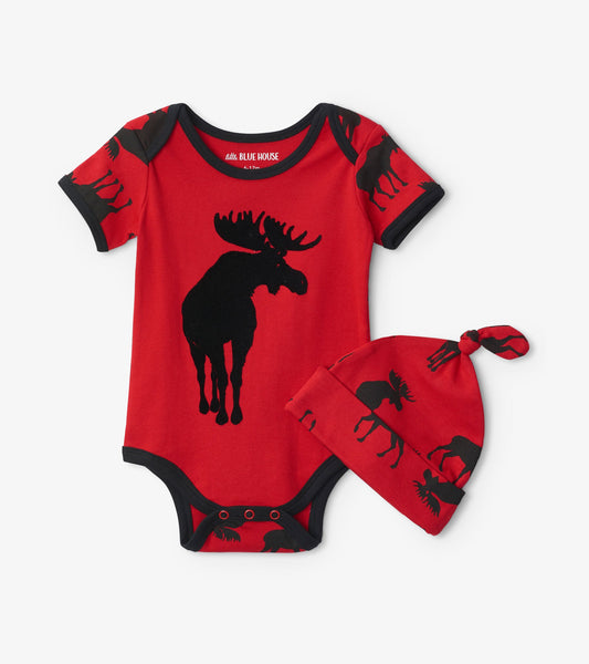 Red baby bodysuit featuring a moose graphic, paired with a matching moose-patterned hat.
