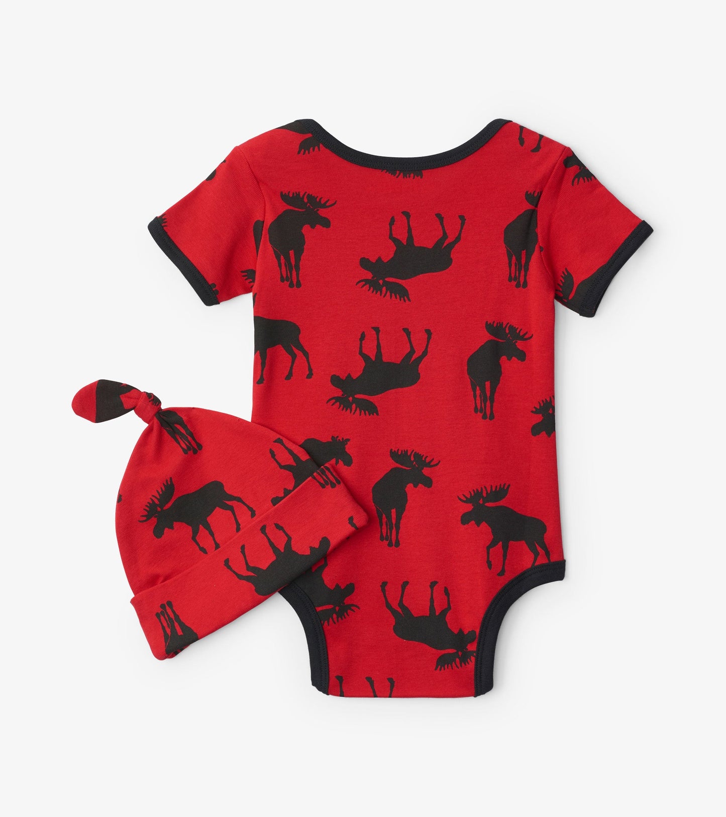 Red baby bodysuit with black moose pattern and matching hat, featuring a knotted top.