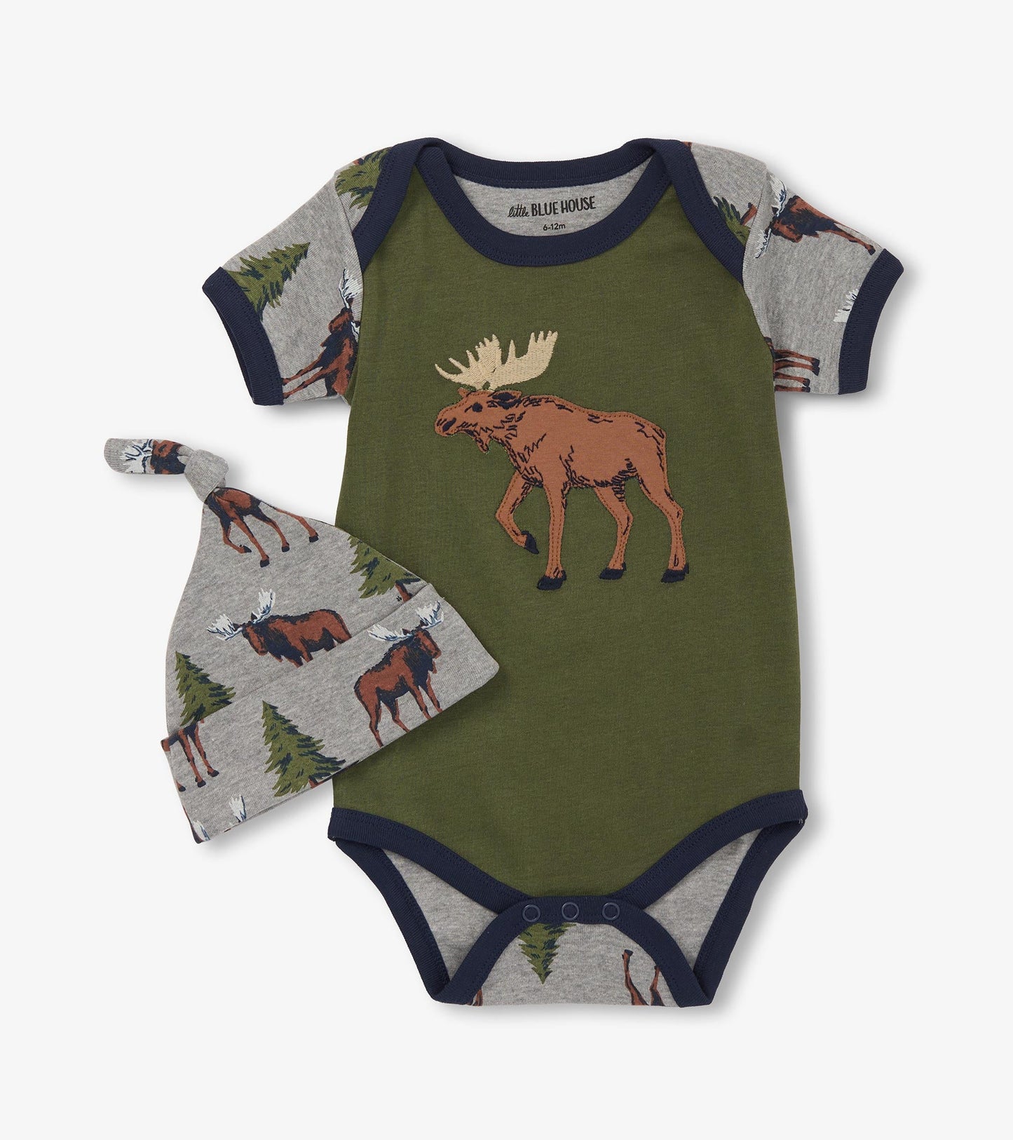 Olive green bodysuit with moose graphic, paired with a gray hat featuring moose and trees pattern. Suitable for baby boys.