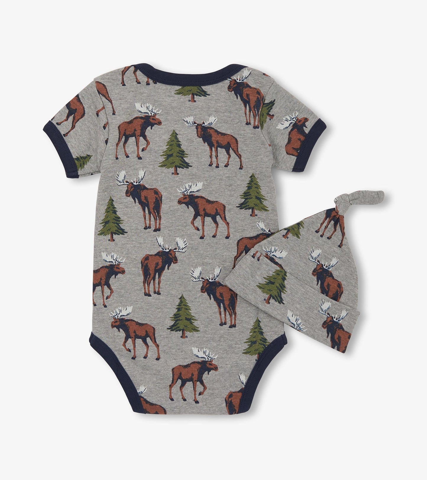 Gray bodysuit with moose and pine tree pattern, paired with a matching hat, suitable for baby boys.