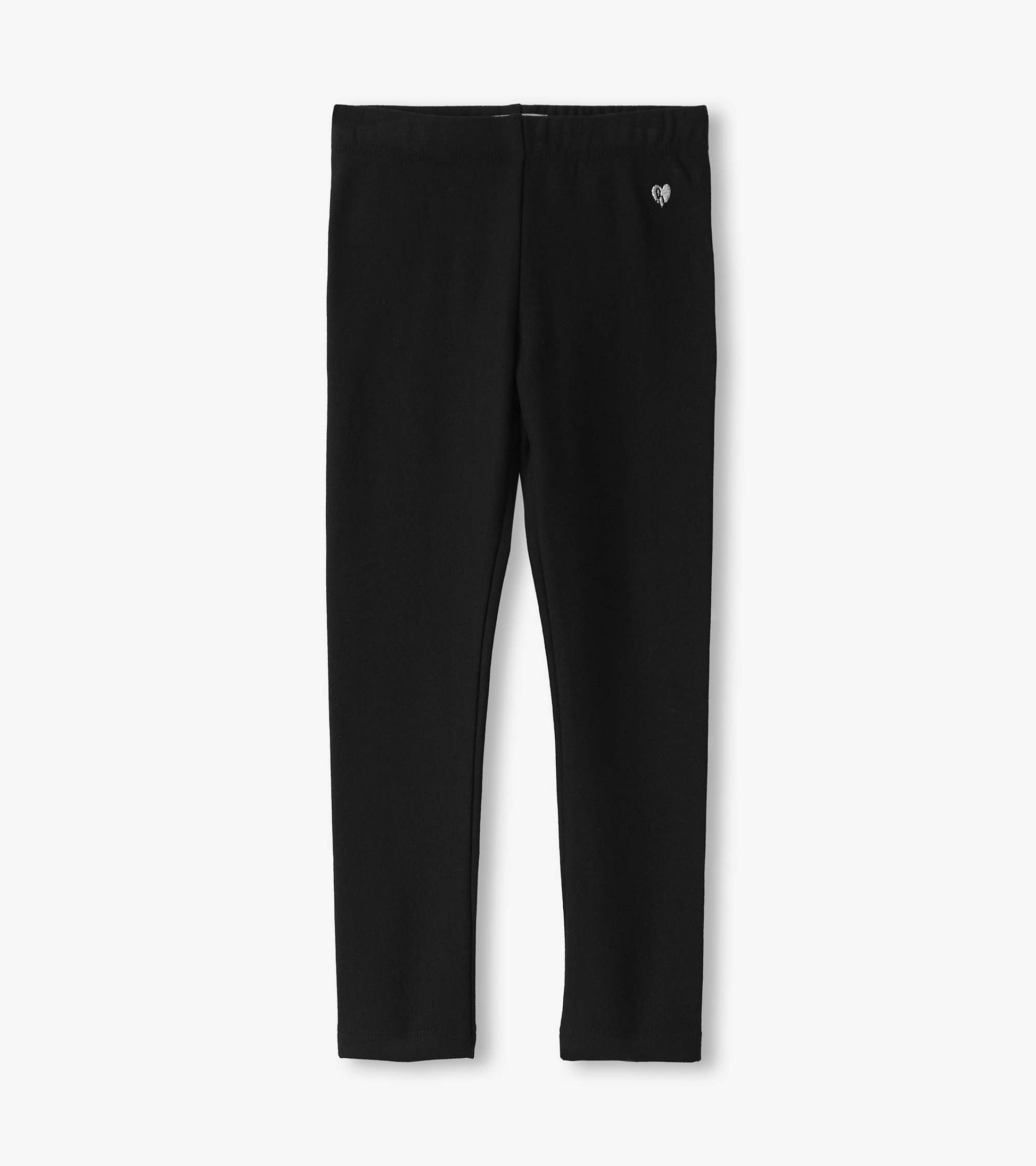 Black cozy leggings with a stretchy waistband and a small heart logo, suitable for casual wear.