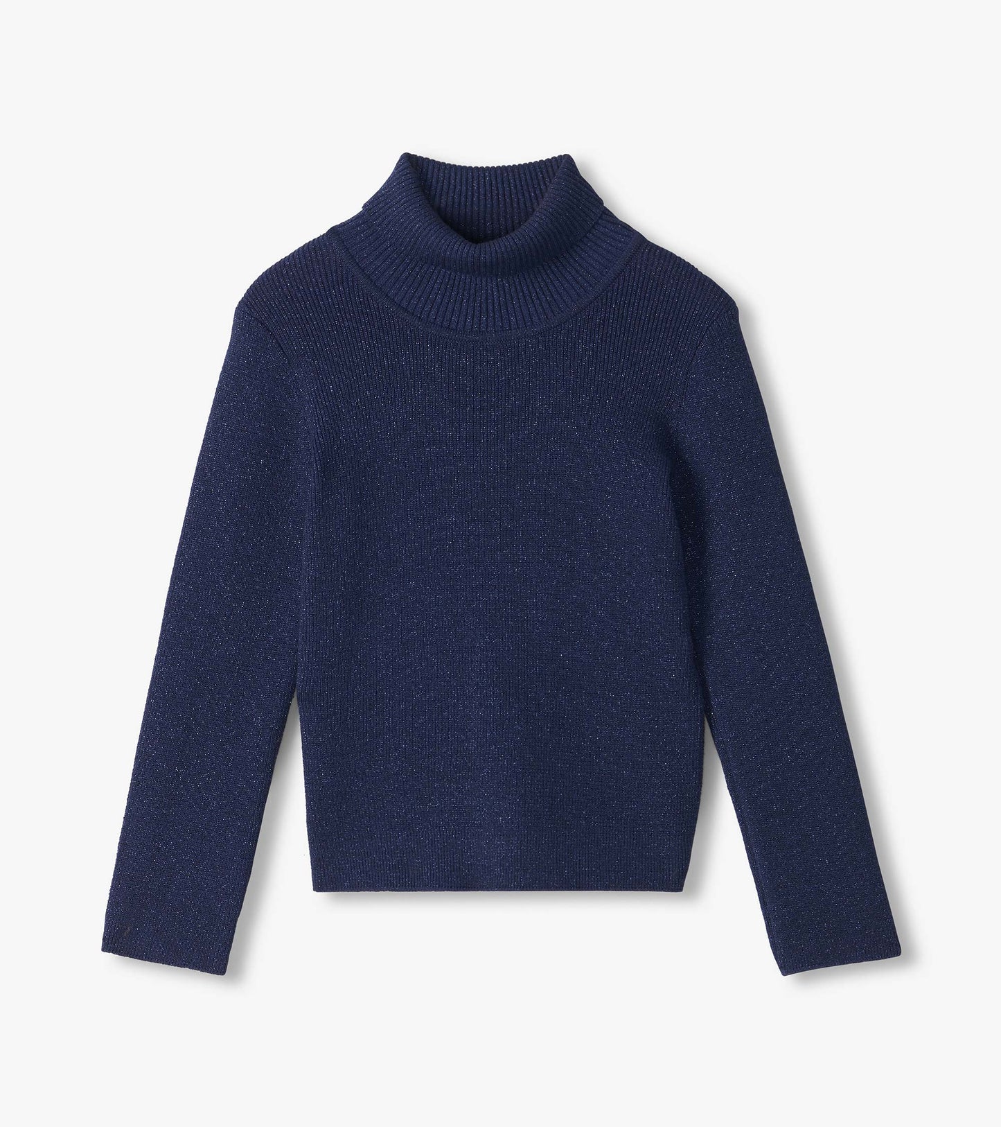 Blue glitter turtleneck sweater with long sleeves and ribbed cuffs and hem