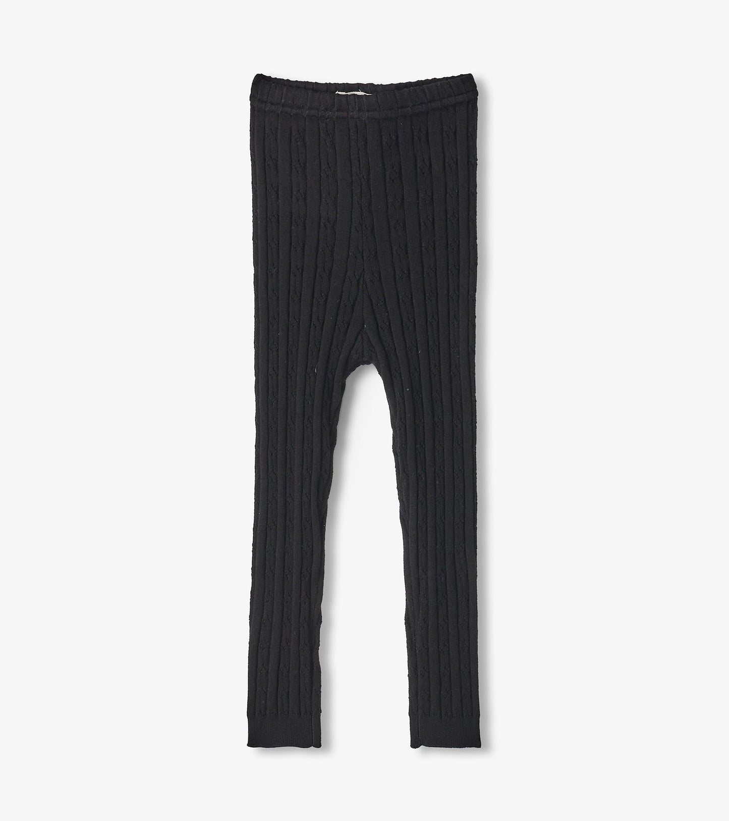 Black cable knit leggings for baby girls, featuring a stretchy waistband and ribbed texture. Suitable for casual wear.