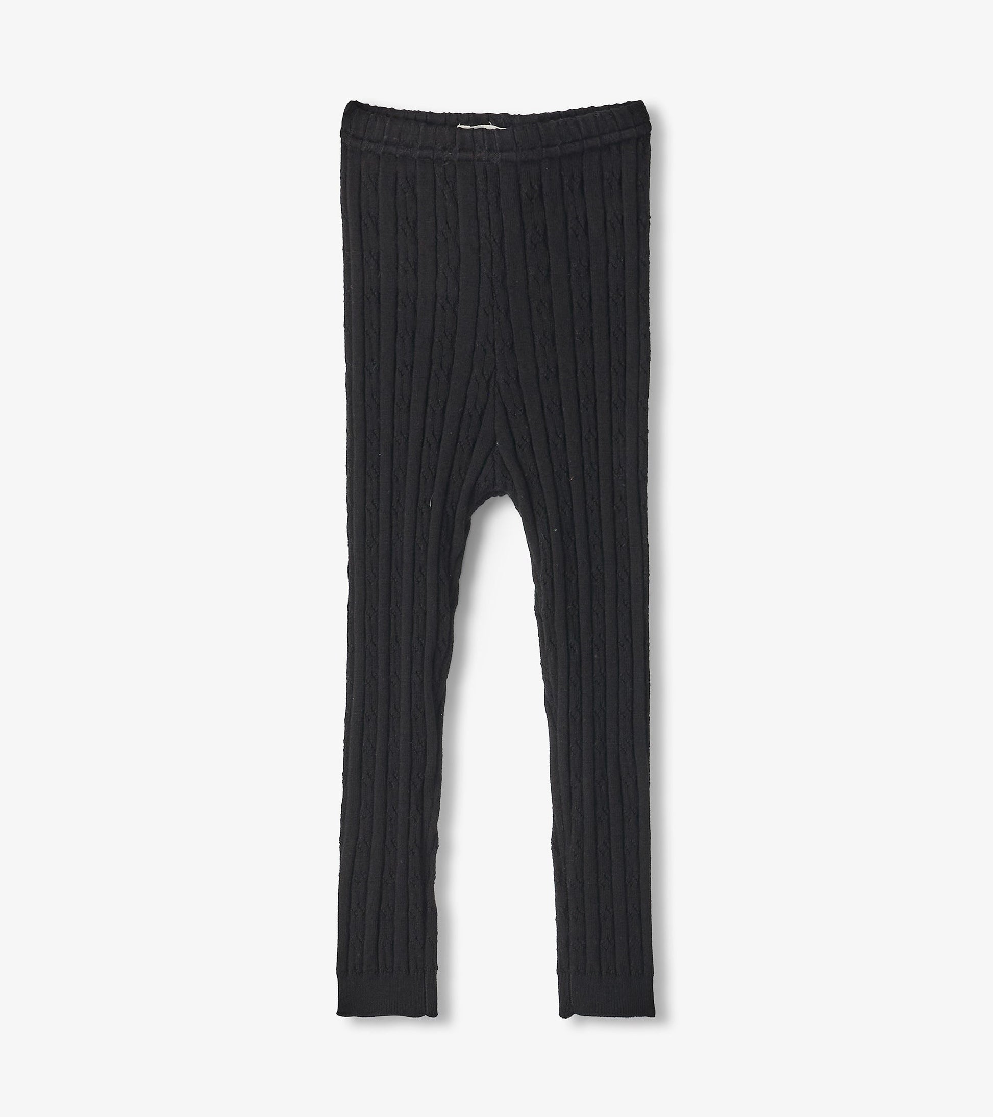Black cable knit leggings for baby girls, featuring a stretchy waistband and ribbed texture. Suitable for casual wear.