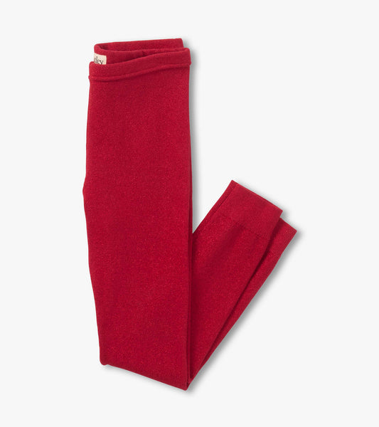 Red shimmer knit leggings with a soft texture, featuring a snug fit and elastic waistband, suitable for active wear.