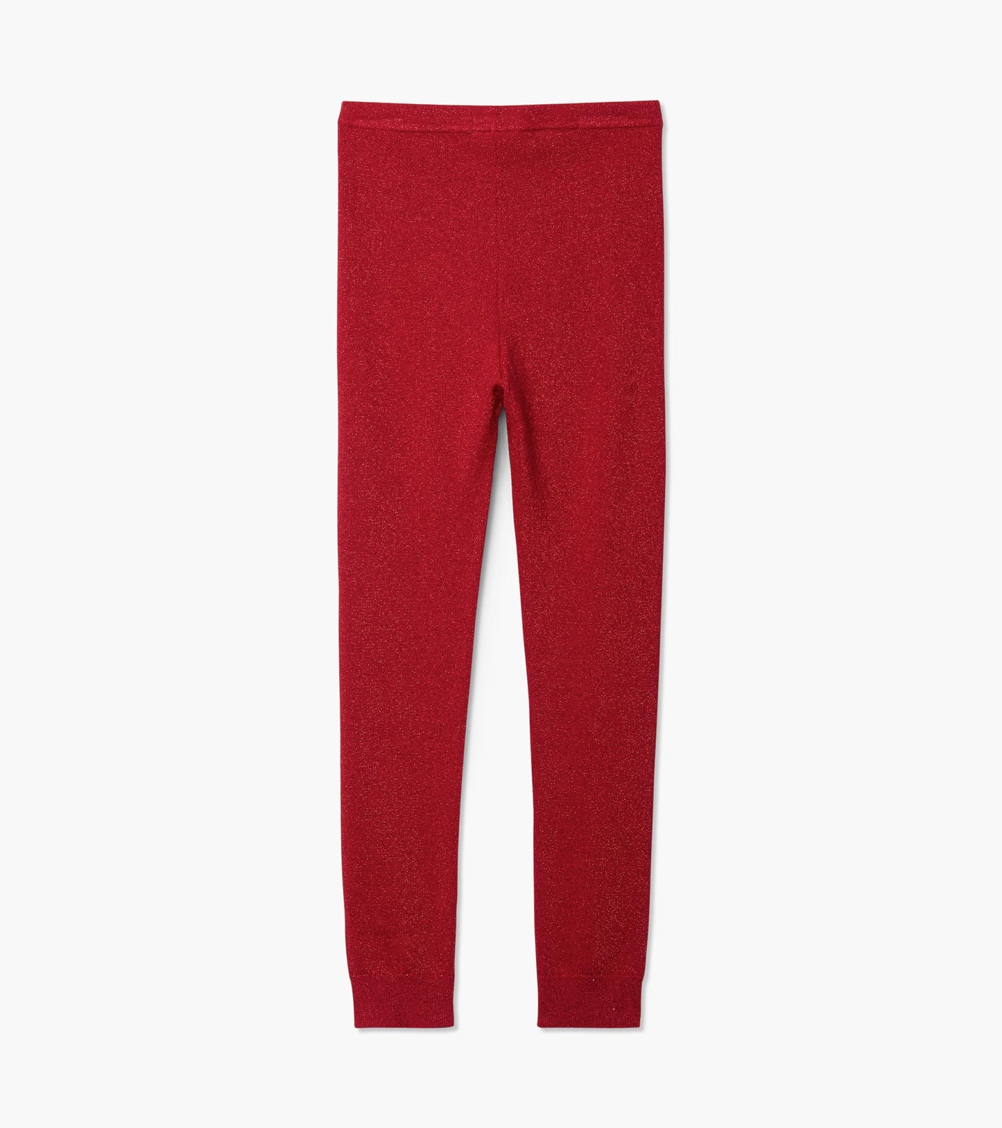 Red shimmer knit leggings with a fitted design, suitable for girls, featuring a stretchy waistband.