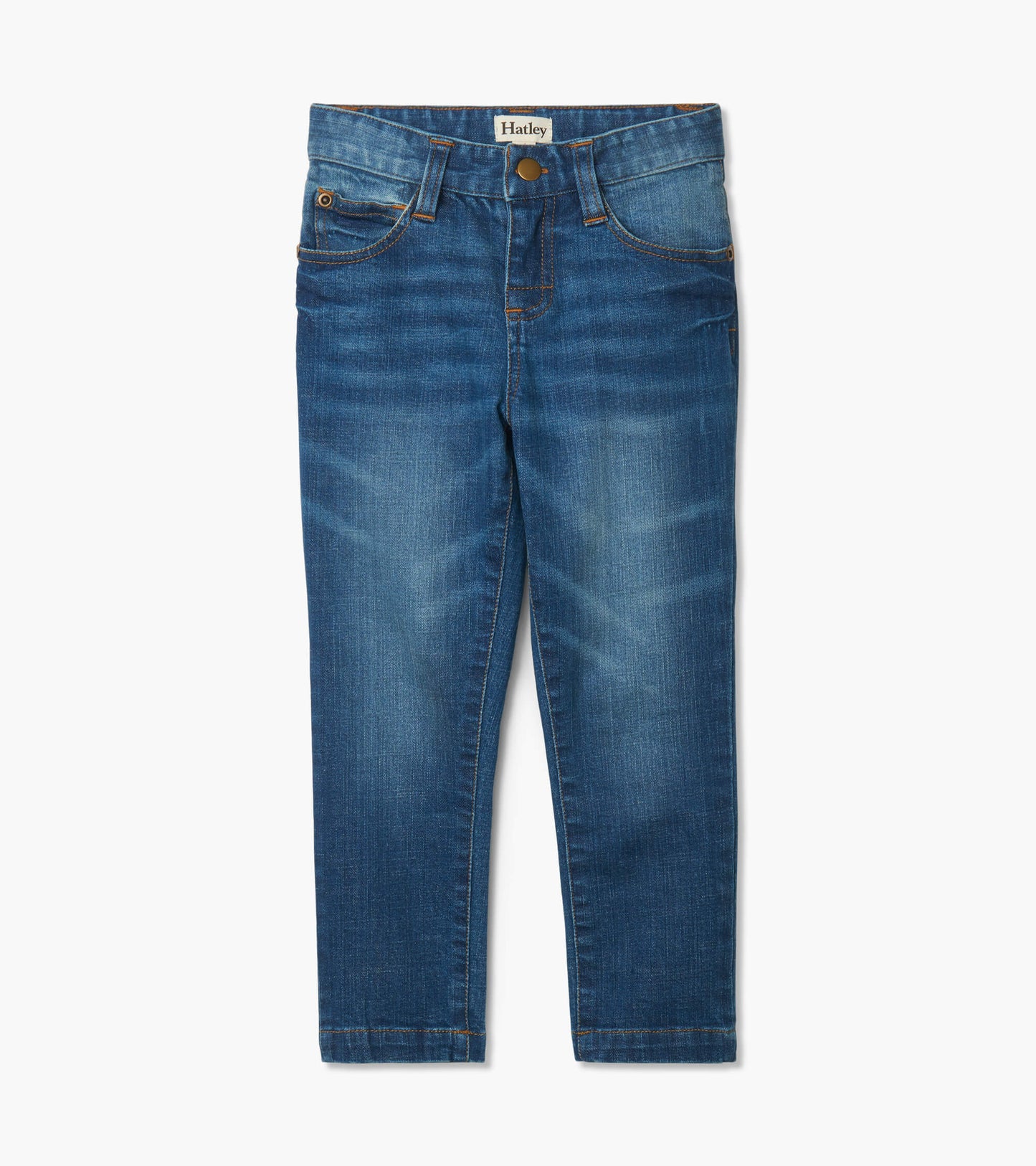 Classic blue jeans for boys, featuring a straight leg design and front pockets.