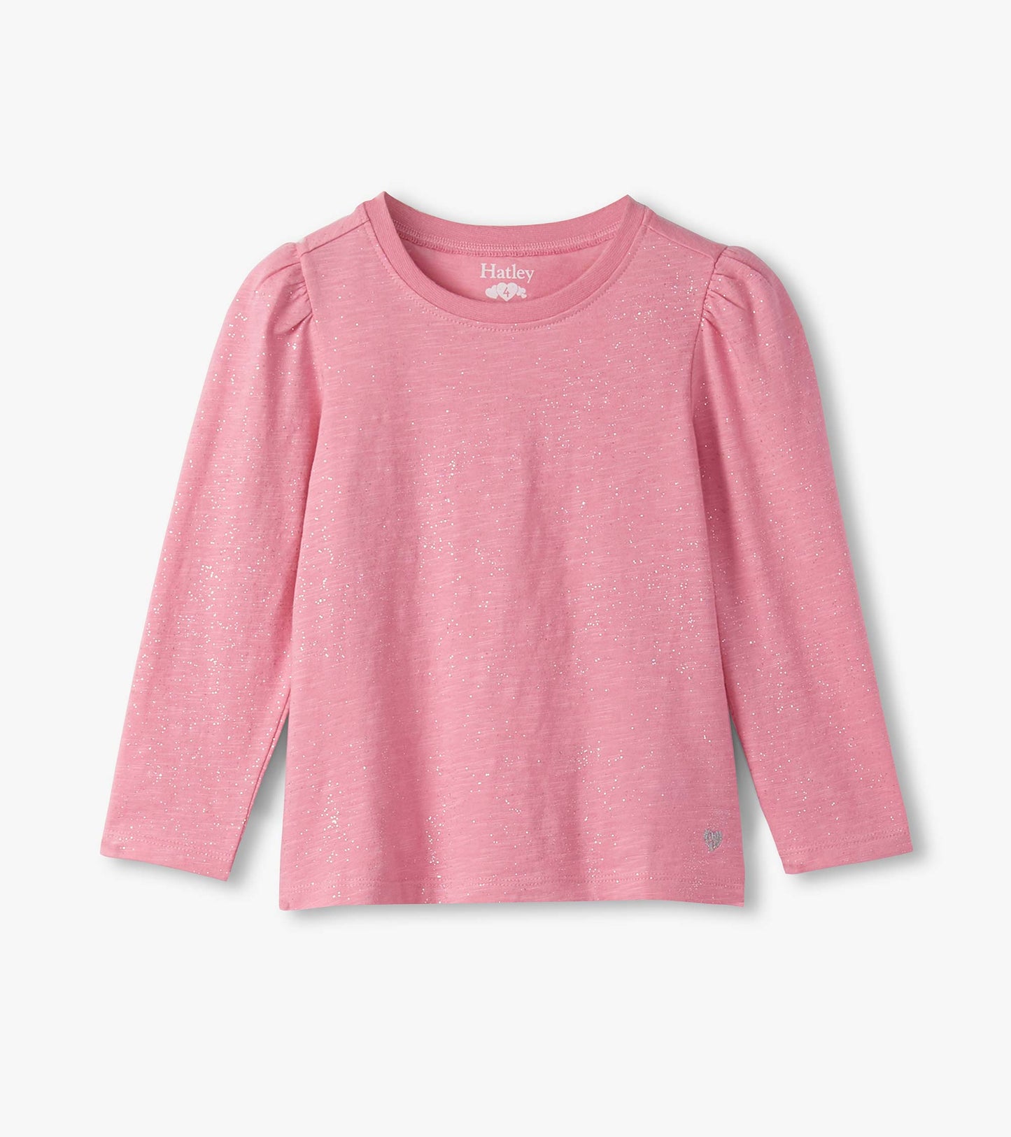 Girls pink long sleeve T-shirt with silver shimmer speckles, puff shoulders, and a round neckline