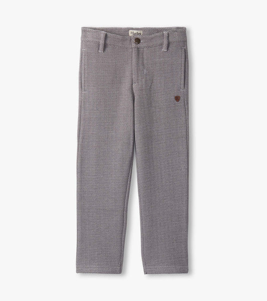 Dark grey herringbone straight leg pants with front pockets and a button closure.