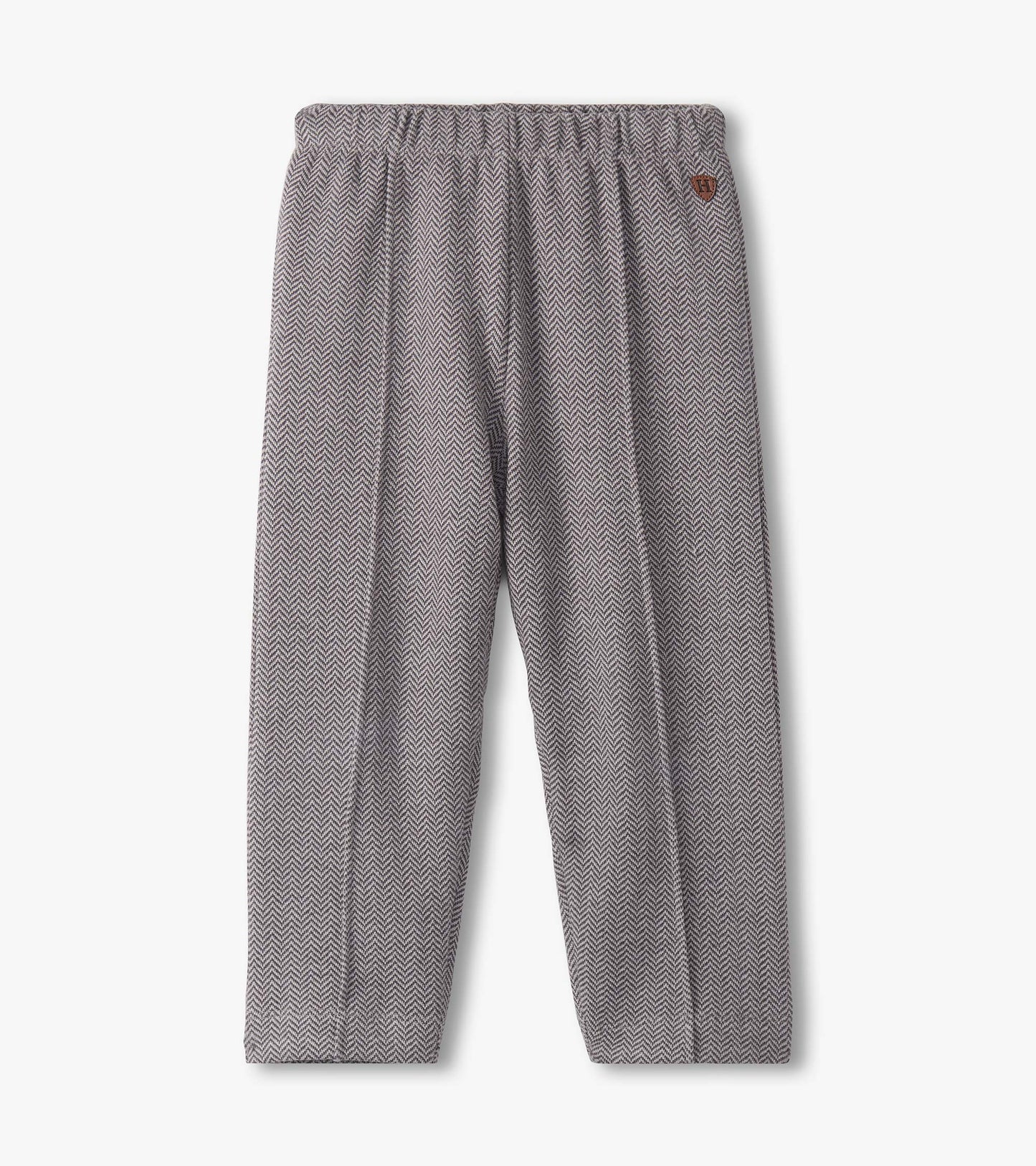 Dark grey stretch herringbone pants with an elastic waistband for baby and toddler boys.