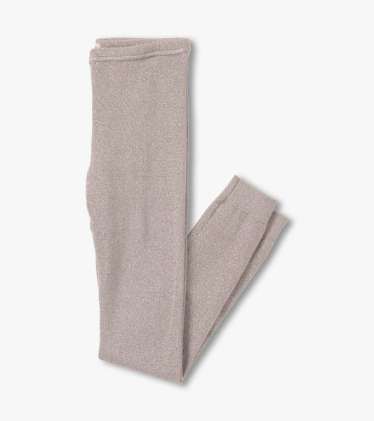 Silver shimmer cable knit leggings with a soft texture, featuring a fitted design suitable for girls.