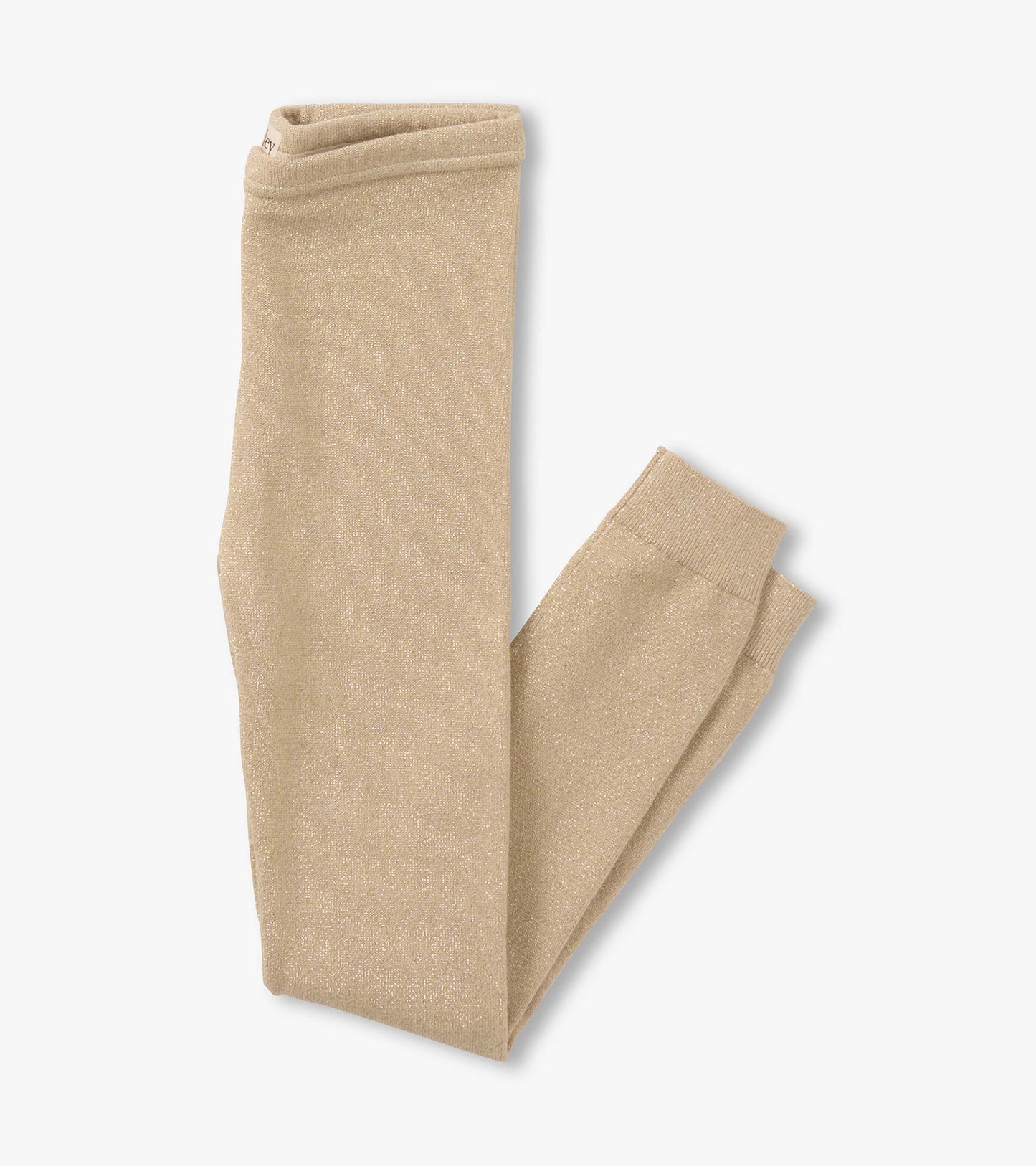 Gold glitter leggings with a soft, stretchy fabric, featuring a comfortable waistband and tapered legs.