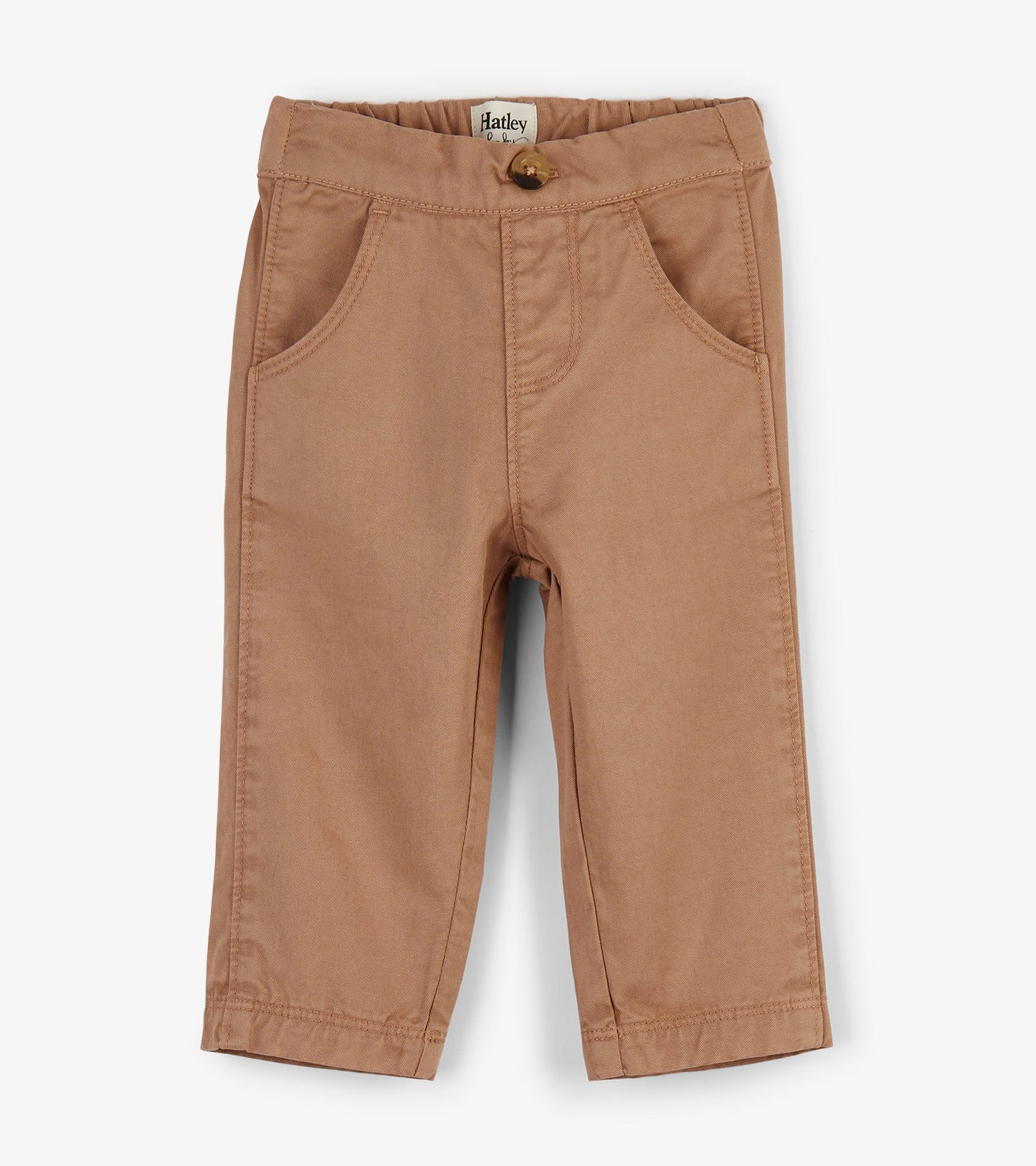 Khaki twill pants for babies with a button closure and front pockets, featuring a soft, durable fabric.