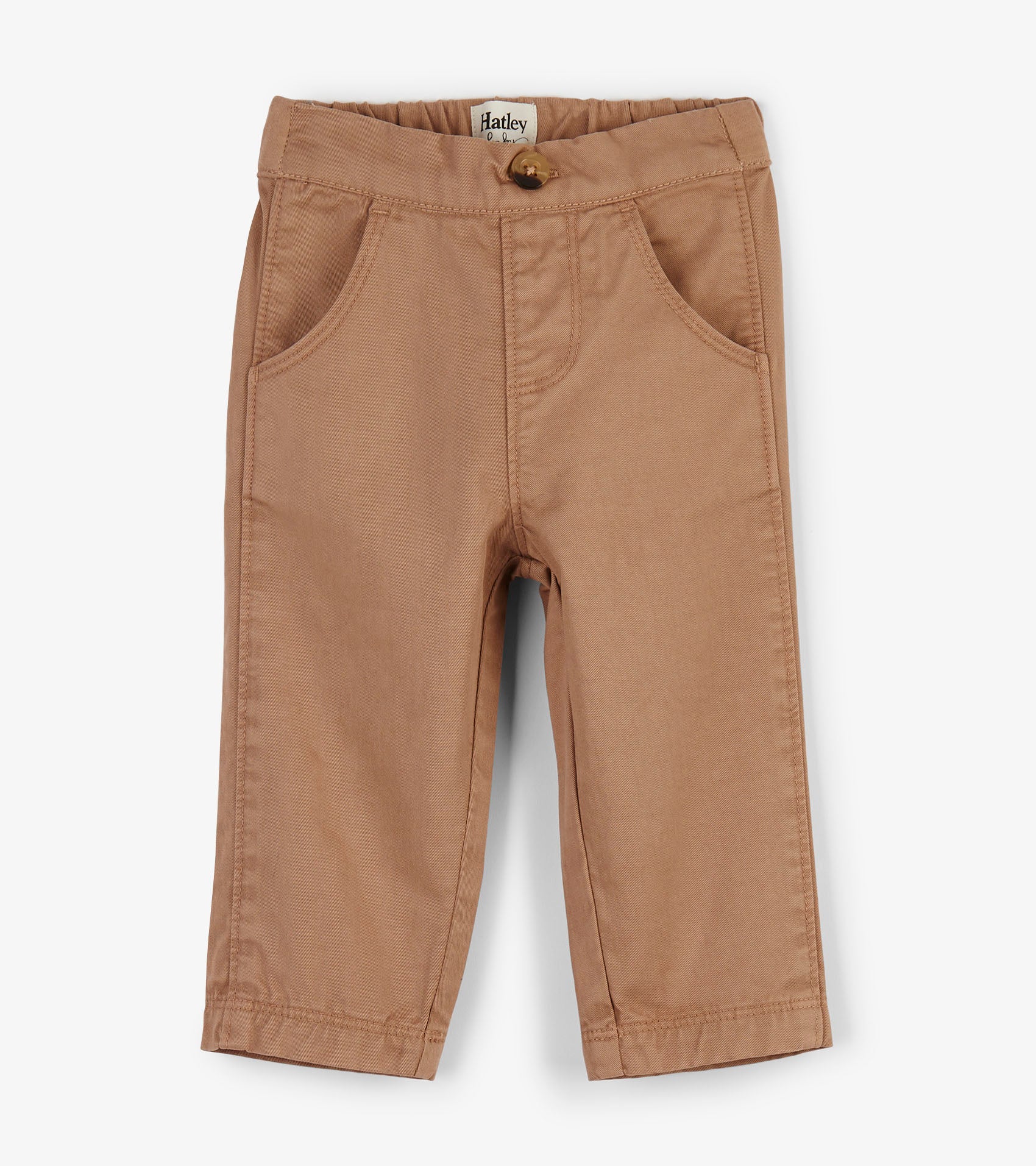 Khaki twill pants for babies with a button closure and front pockets, featuring a soft, durable fabric.