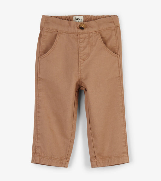 Khaki twill pants for babies with a button closure and front pockets, featuring a soft, durable fabric.
