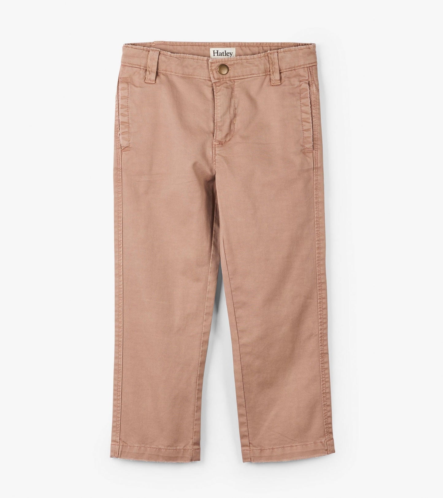 Khaki twill pants for boys with a straight leg design and front pockets, suitable for casual wear.