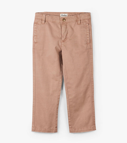 Khaki twill pants for boys with a straight leg design and front pockets, suitable for casual wear.