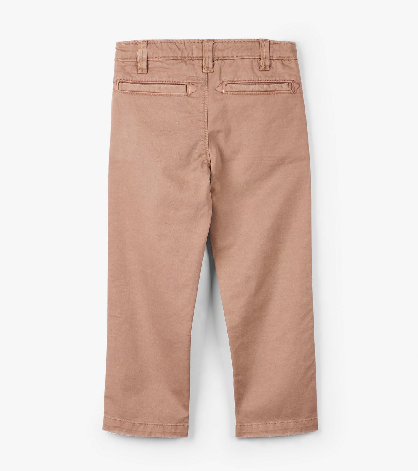 Khaki twill pants with a straight leg design and back pockets, shown from the back.