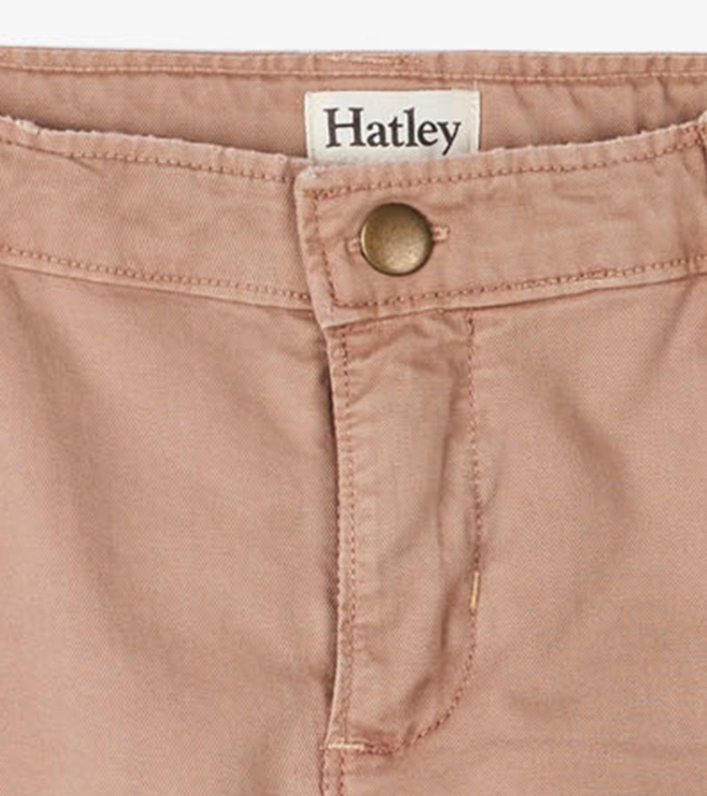 Khaki twill pants with a button closure and stitched detailing, suitable for casual wear.