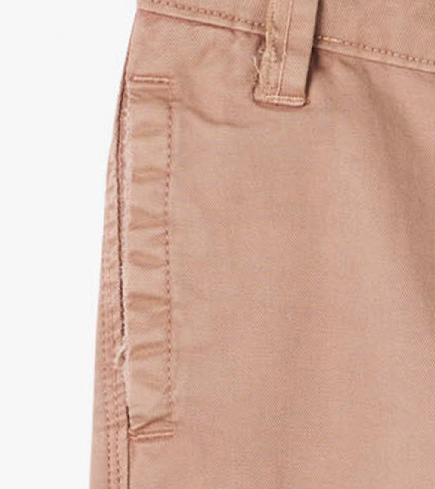 Khaki twill pants with a smooth texture and side pocket detailing, suitable for casual wear.