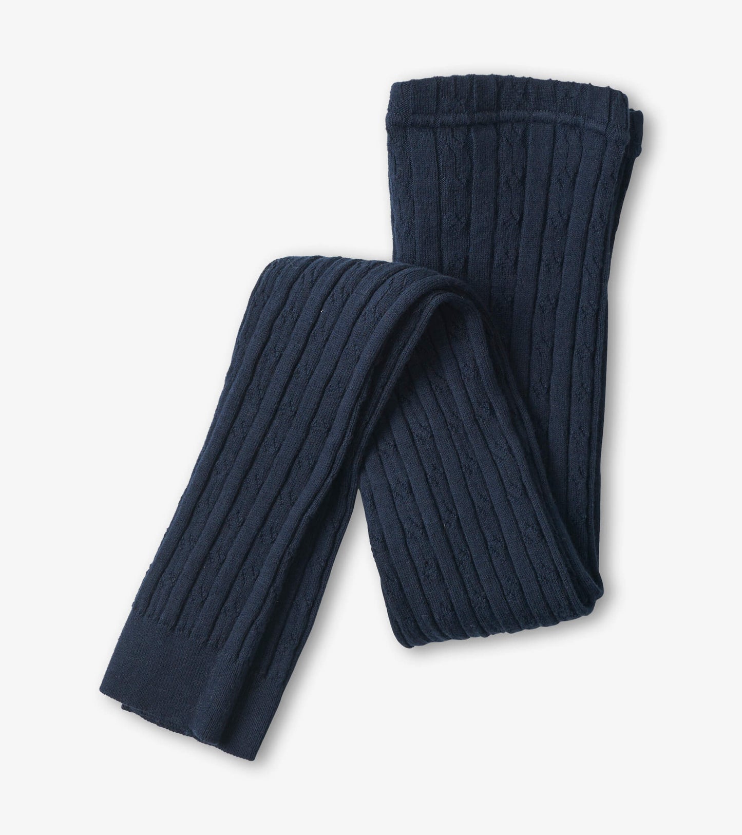 Navy cable knit tights with a textured pattern, suitable for girls, folded for display.