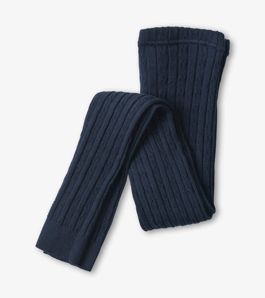 Navy cable knit tights with a textured pattern, suitable for girls, folded for display.