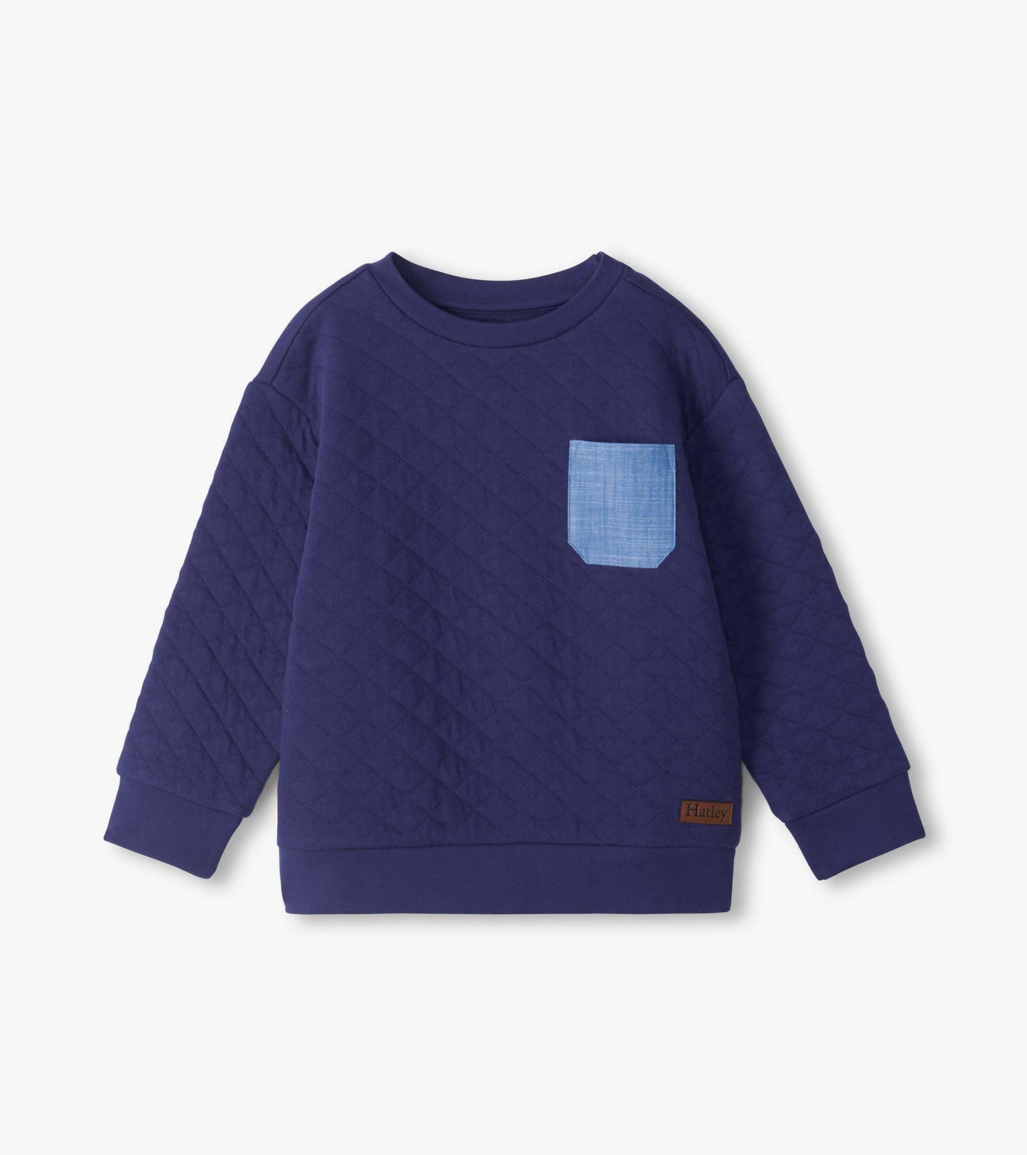 Patriot blue quilted pullover with long sleeves, crew neck, and light blue chest pocket