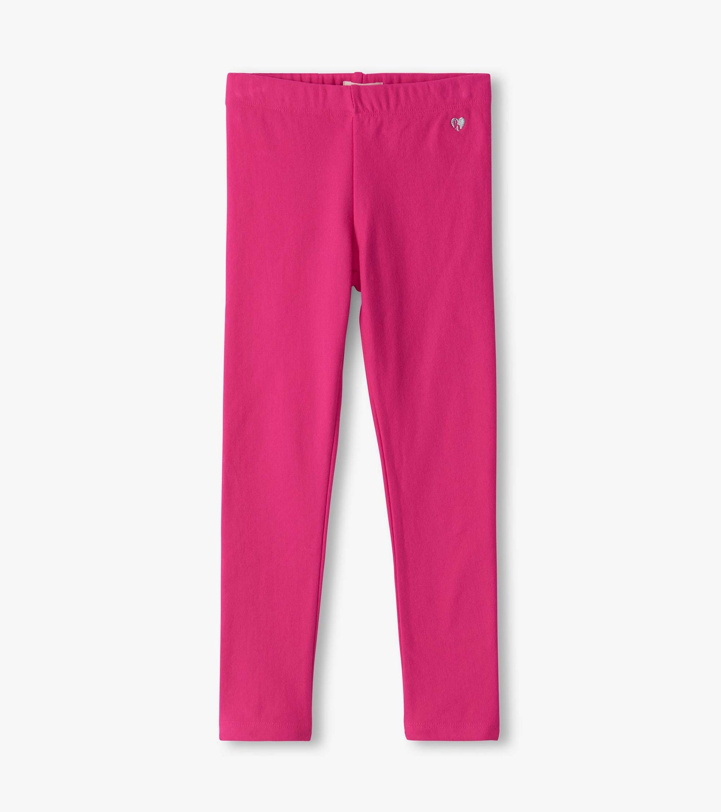 Bright pink girls leggings with a slim fit, elastic waistband, and small heart detail near the hip