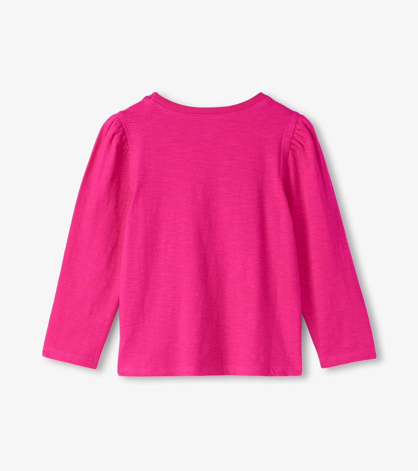 Bright pink long sleeve tee with a round neckline and gathered sleeves, viewed from the back.