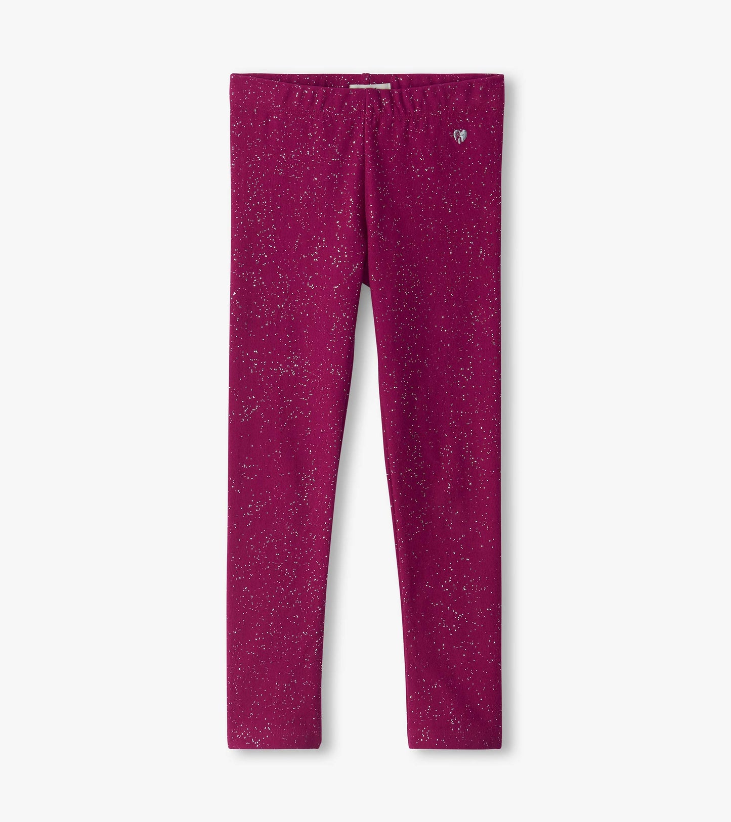 Raspberry pink girls leggings with silver speckled pattern and small heart detail at the waist