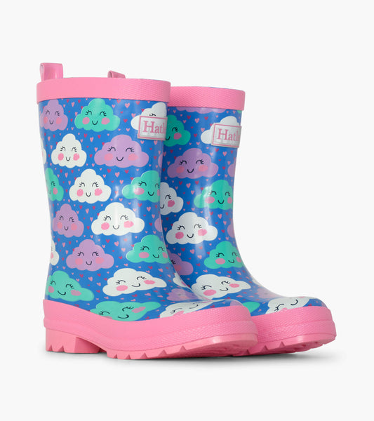 Colorful rain boots featuring cheerful cloud patterns, pink trim, and a textured sole for grip. Ideal for wet weather.