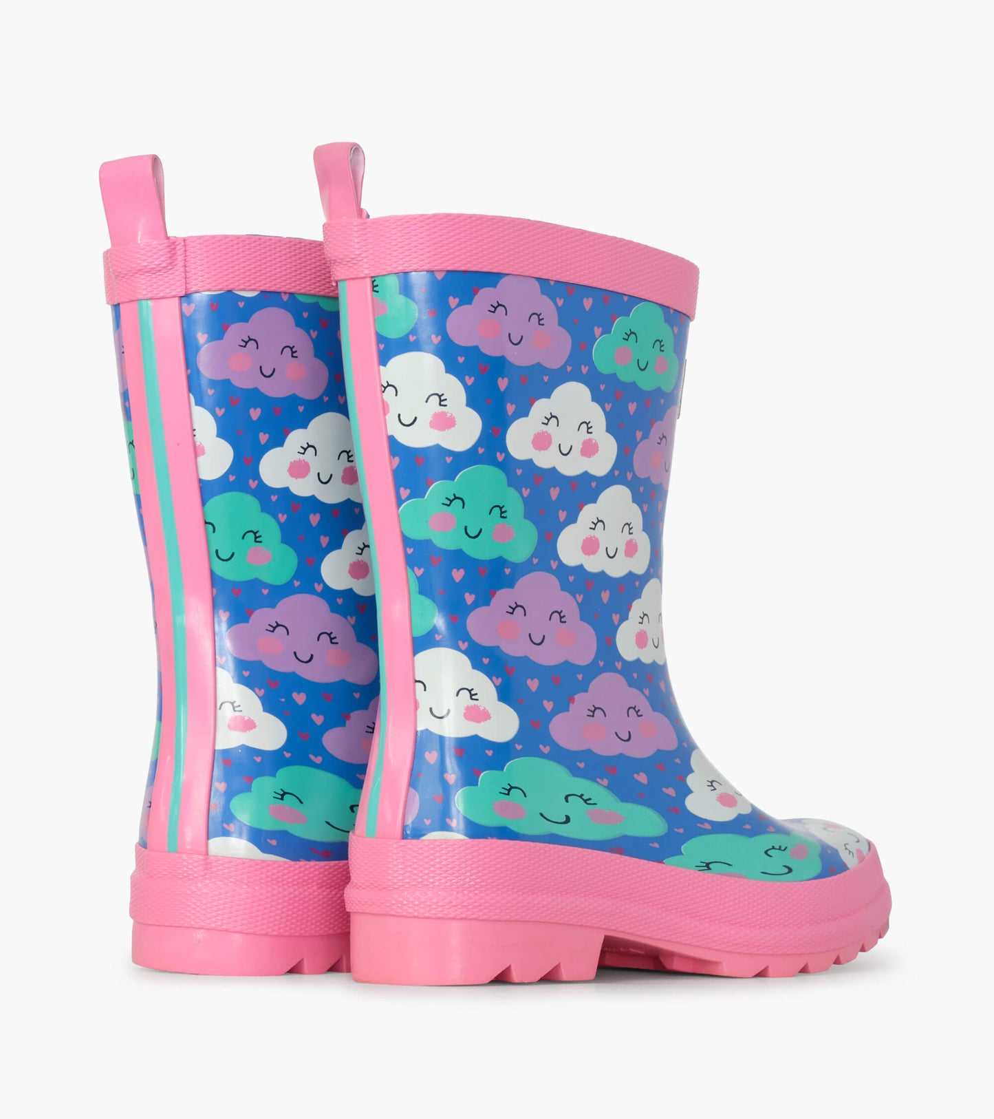 Colorful rain boots featuring smiling clouds on a blue background with pink accents and textured soles.