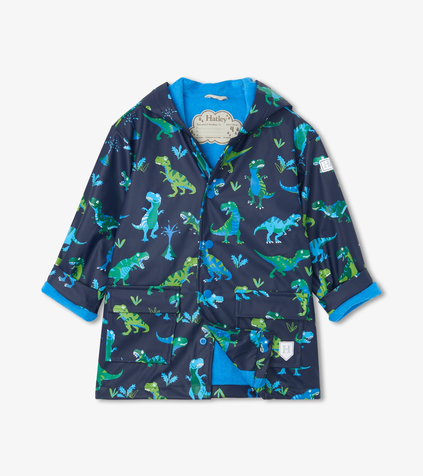 Navy raincoat featuring colorful dinosaur prints, button-up front, and a cozy blue lining. Ideal for rainy days.