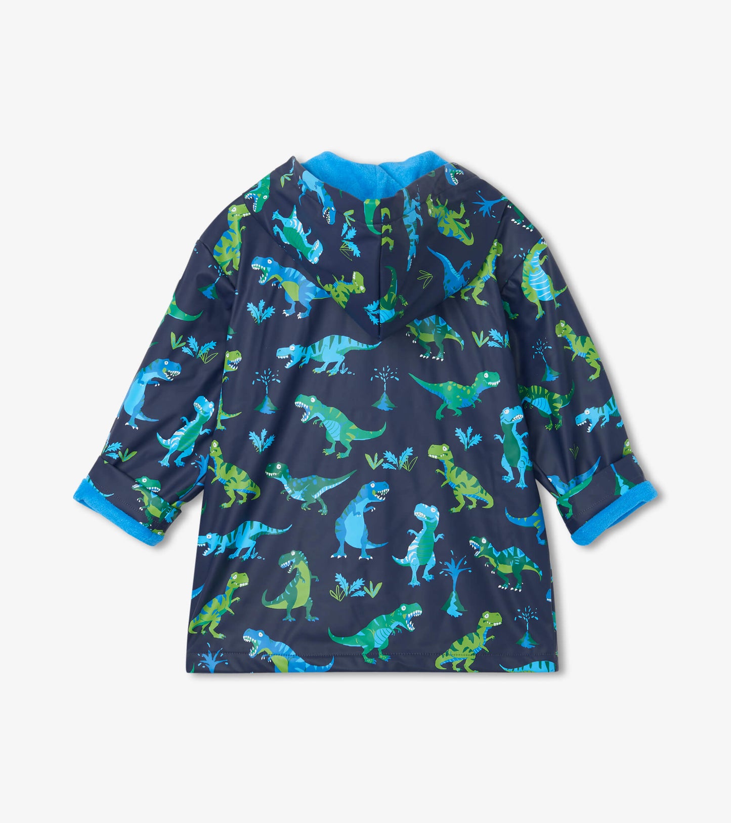 Navy raincoat featuring colorful dinosaur patterns and a blue fleece-lined hood.