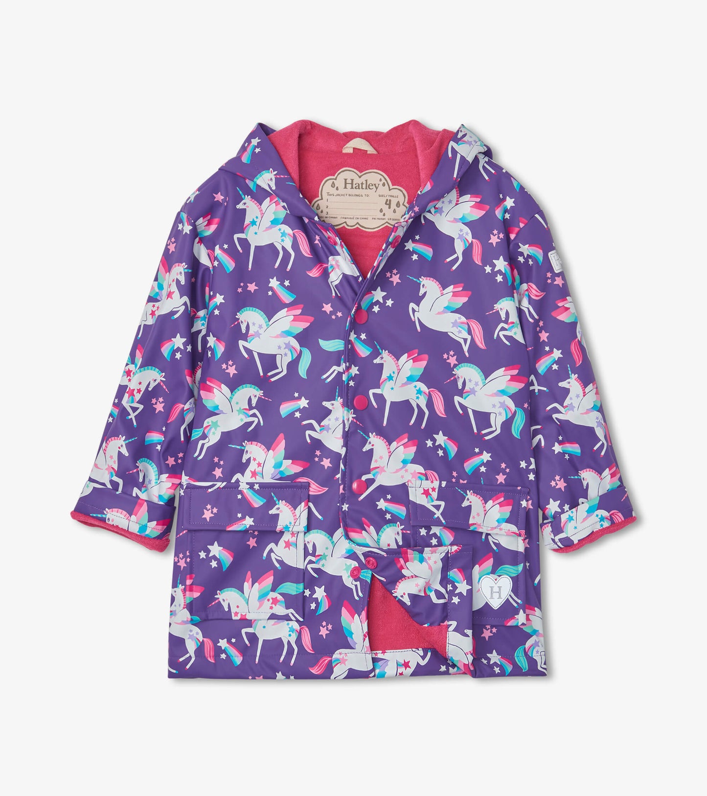 Purple raincoat featuring colorful unicorns and stars, with a pink lining and button-up front.