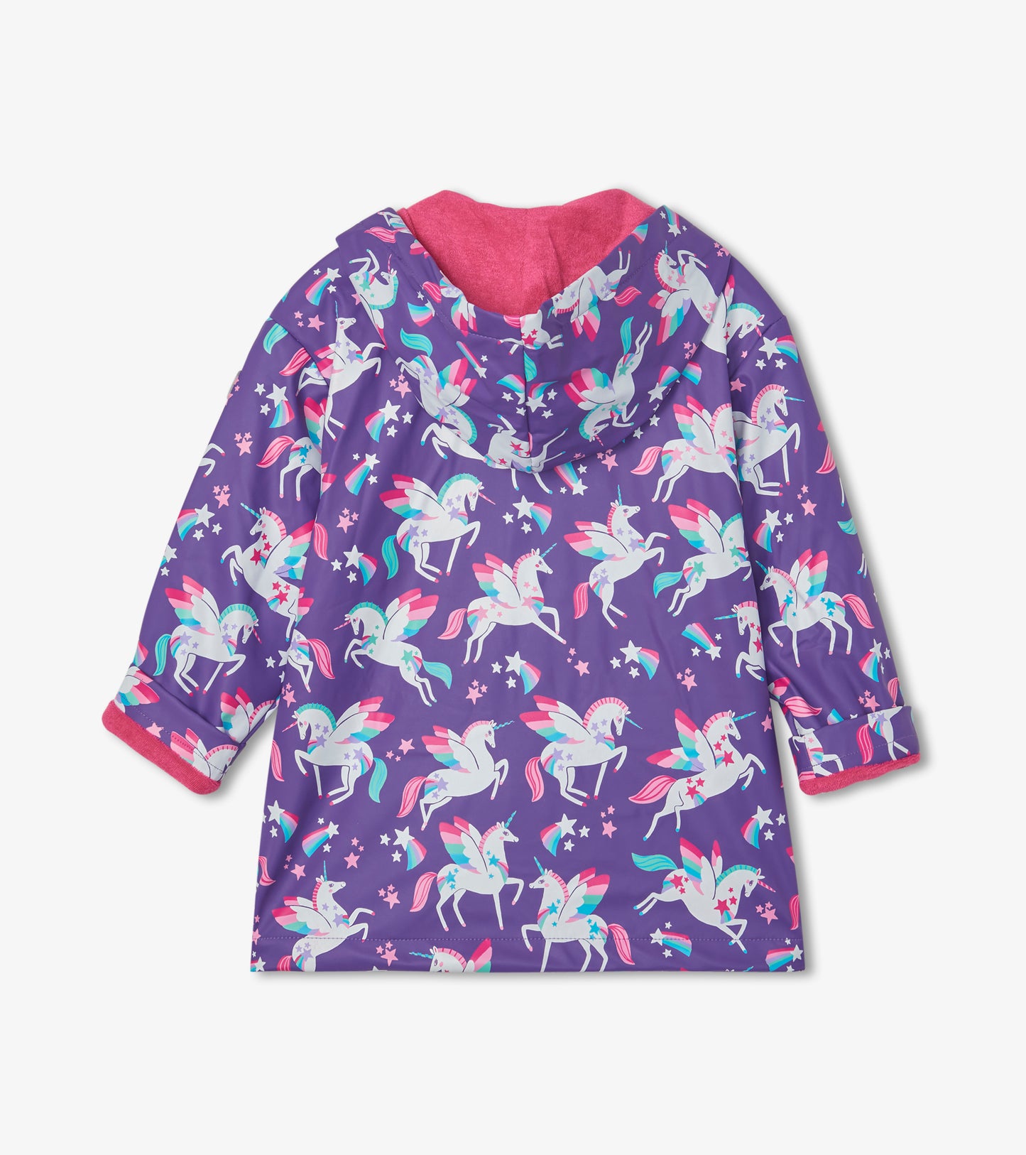 Purple raincoat featuring colorful unicorns and stars, with a pink hood lining and long sleeves.