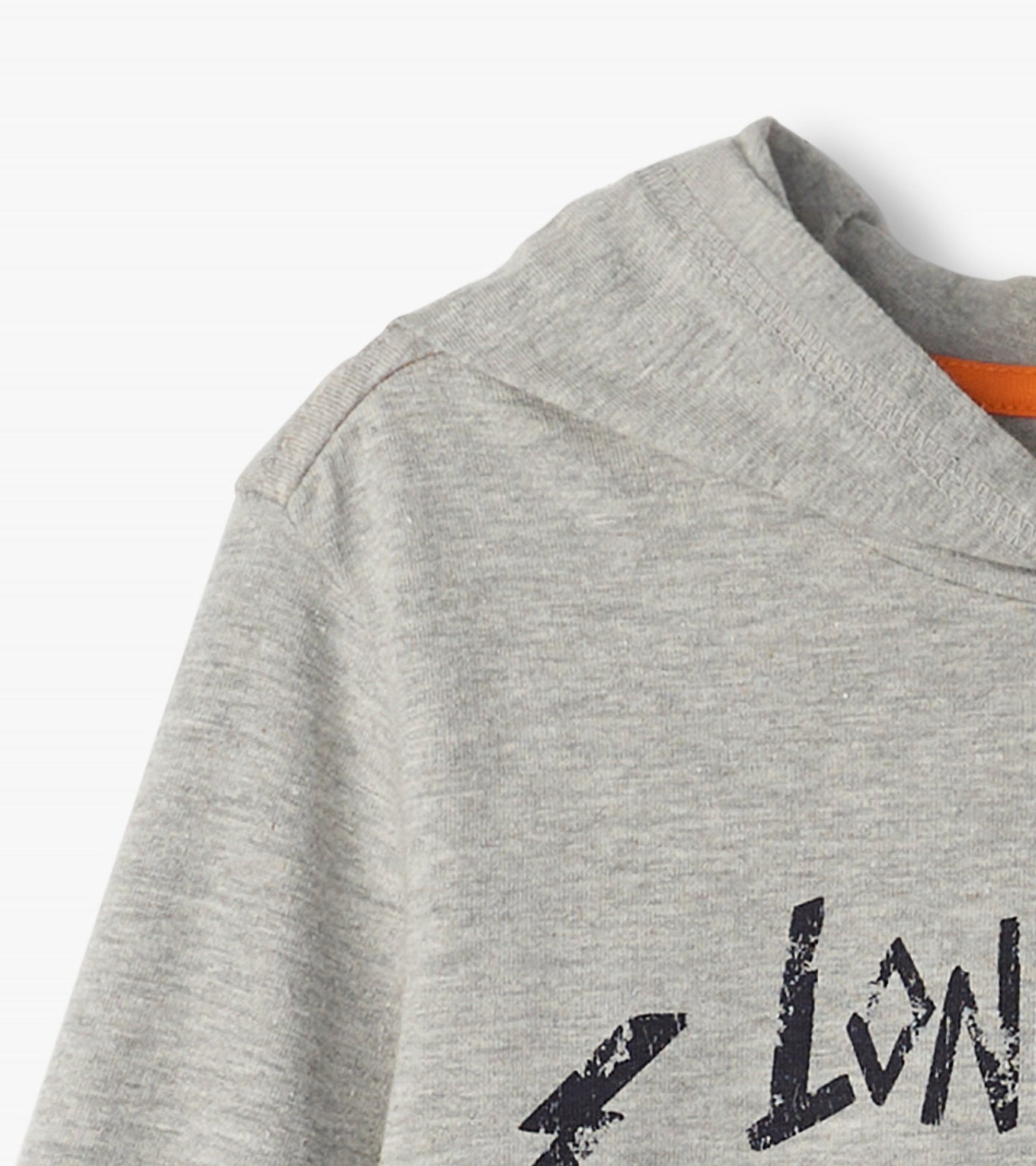 Gray long sleeve hoodie tee featuring a rock and roll graphic design and an orange accent inside the neckline.