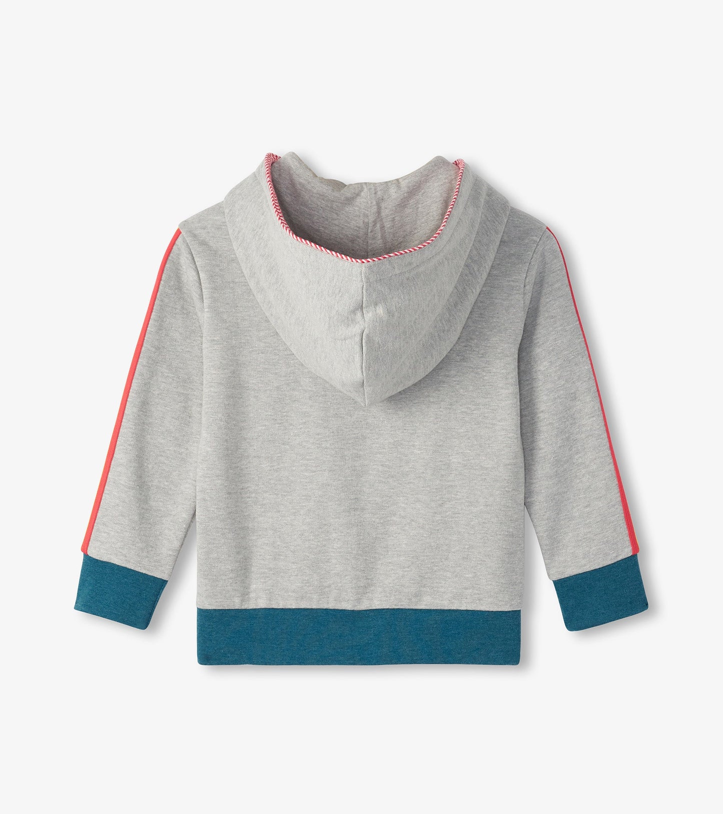 Grey zip-up hoodie for boys featuring a hood, pink side stripes, and a blue hem.