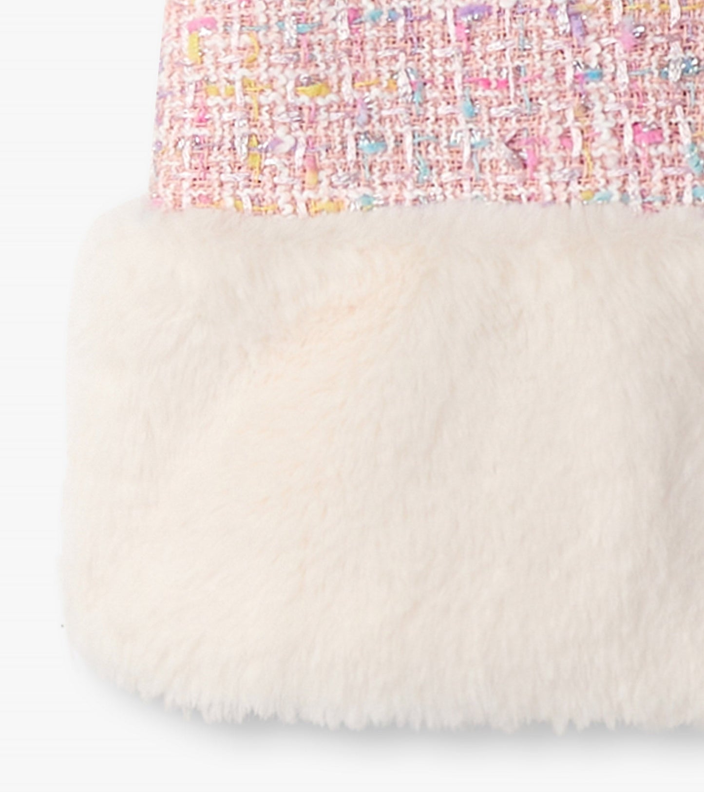 Pink tweed dress with faux fur trim, featuring a textured pattern and soft fabric, suitable for baby and toddler girls.