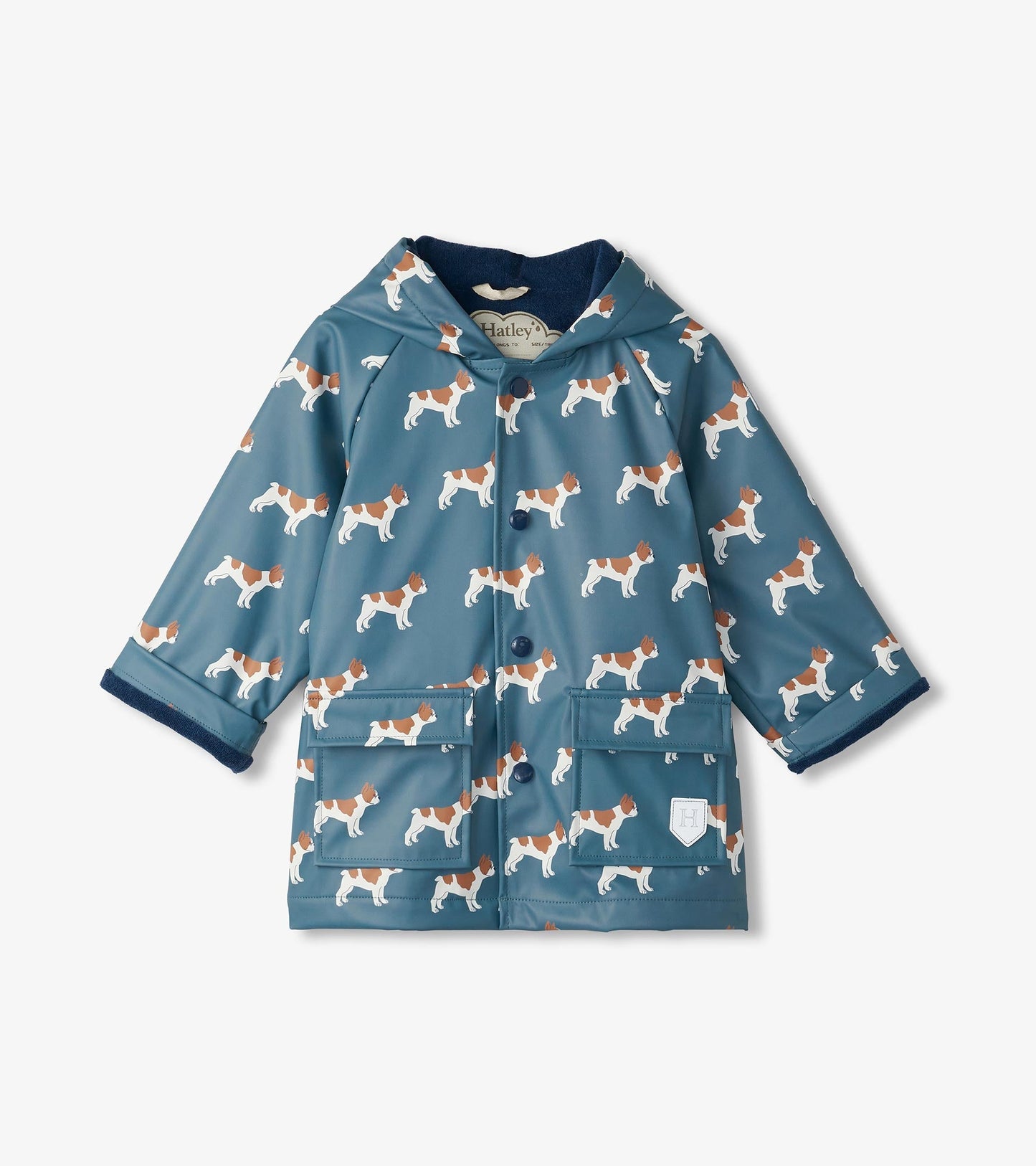 Blue rain jacket featuring a French bulldog pattern, with a hood and front buttons, designed for baby and toddler boys.