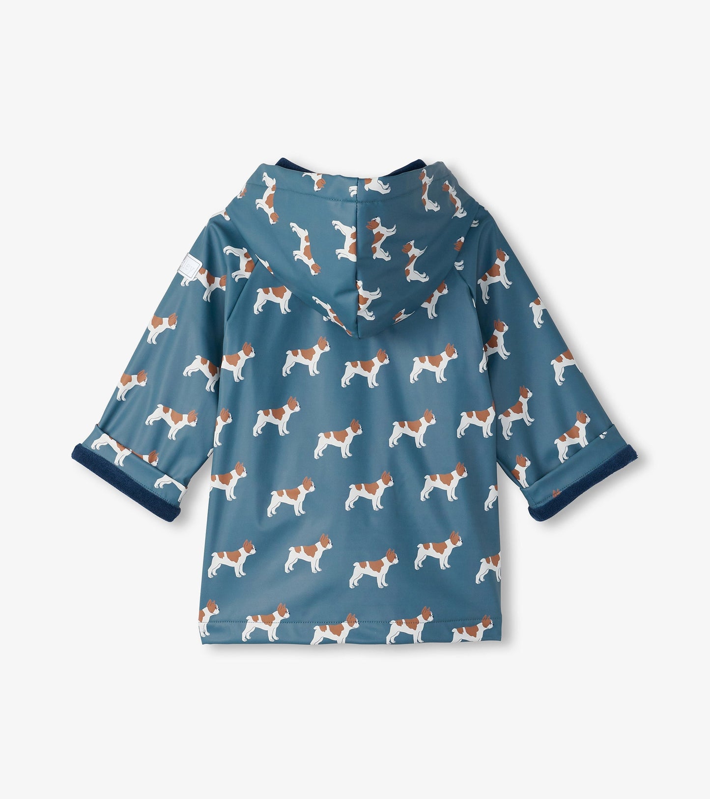 Blue rain jacket featuring a playful French bulldog pattern, with a hood and rolled sleeves.