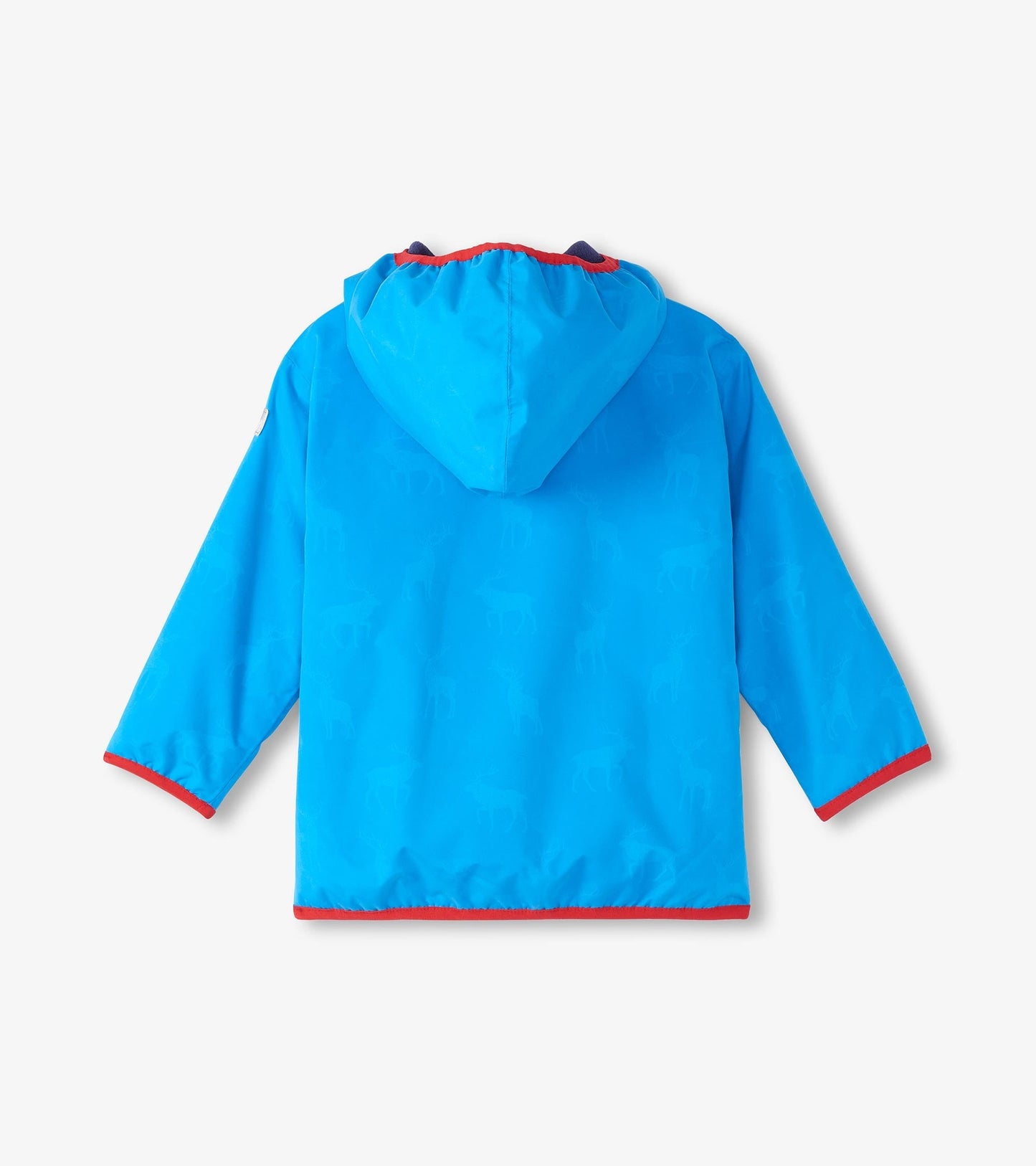 Lightweight blue rain jacket with a hood, featuring a subtle animal pattern and red trim, shown from the back.