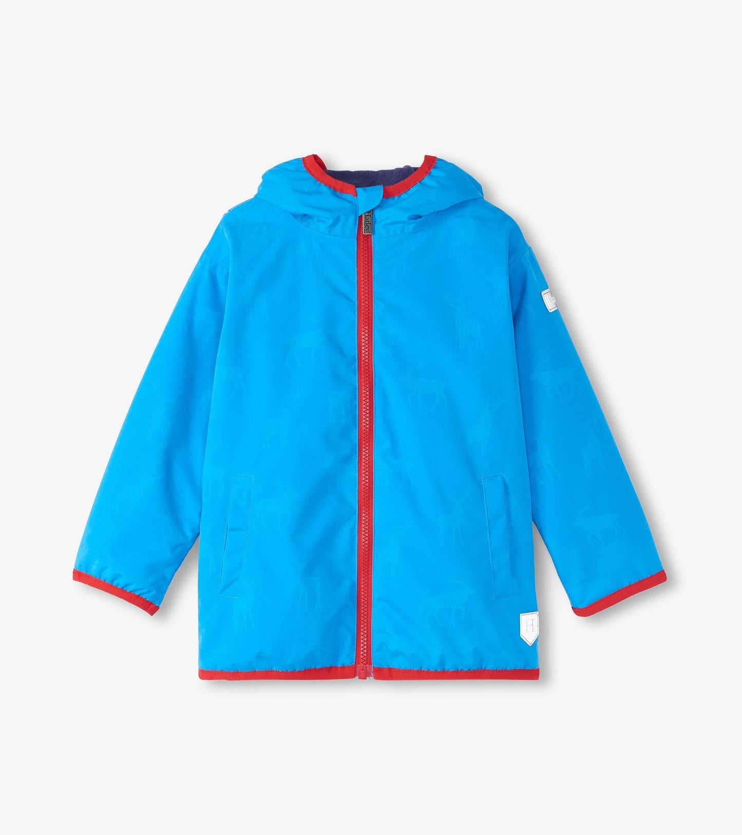 Lightweight blue rain jacket with a hood, red trim, and subtle elk pattern, featuring a front zip closure and side pockets.