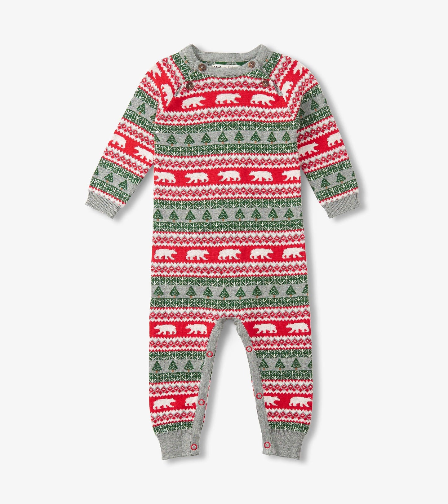 Gray sweater romper featuring a festive Fair Isle pattern with red, green, and white polar bears and trees.